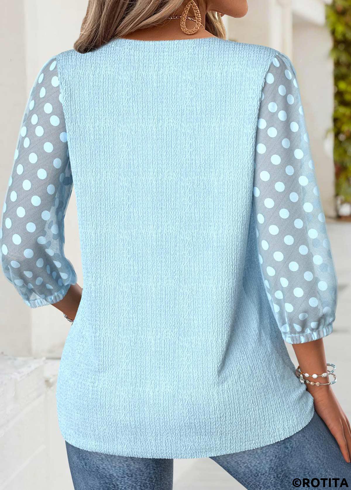 Light Blue tops,Plain Color tops,ROTITA Light Blue V Neck 3/4 Sleeve Blouse