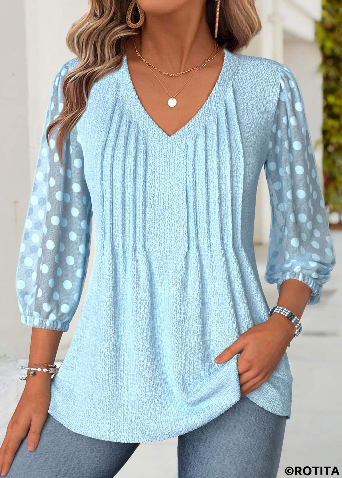 Light Blue tops,Plain Color tops,ROTITA Light Blue V Neck 3/4 Sleeve Blouse