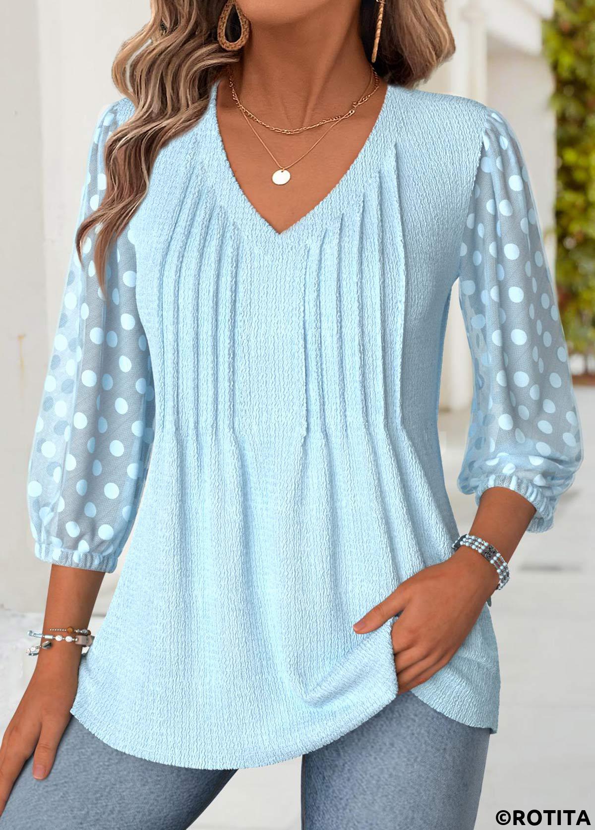 Light Blue tops,Plain Color tops,ROTITA Light Blue V Neck 3/4 Sleeve Blouse