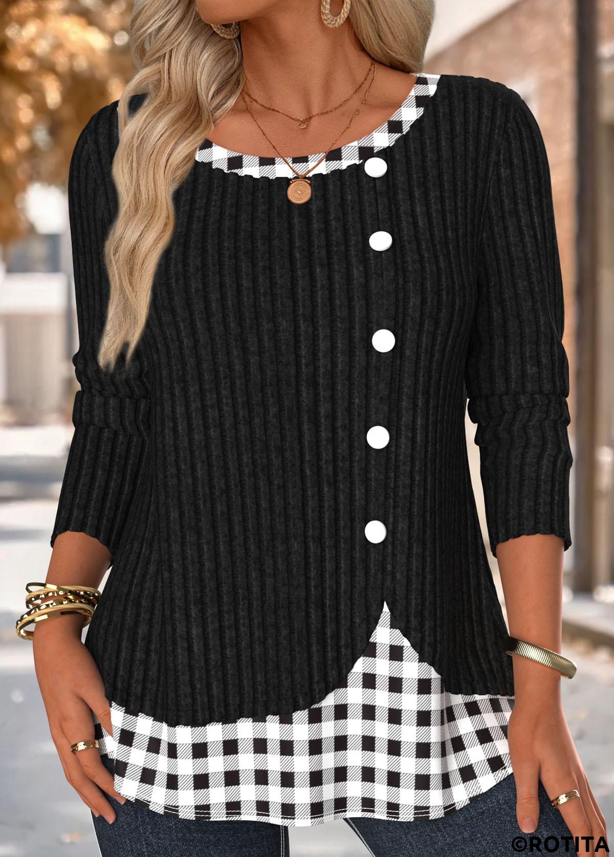Black tops,Plaid tops,Geometric tops,ROTITA Plaid Black Round Neck Long Sleeve T Shirt