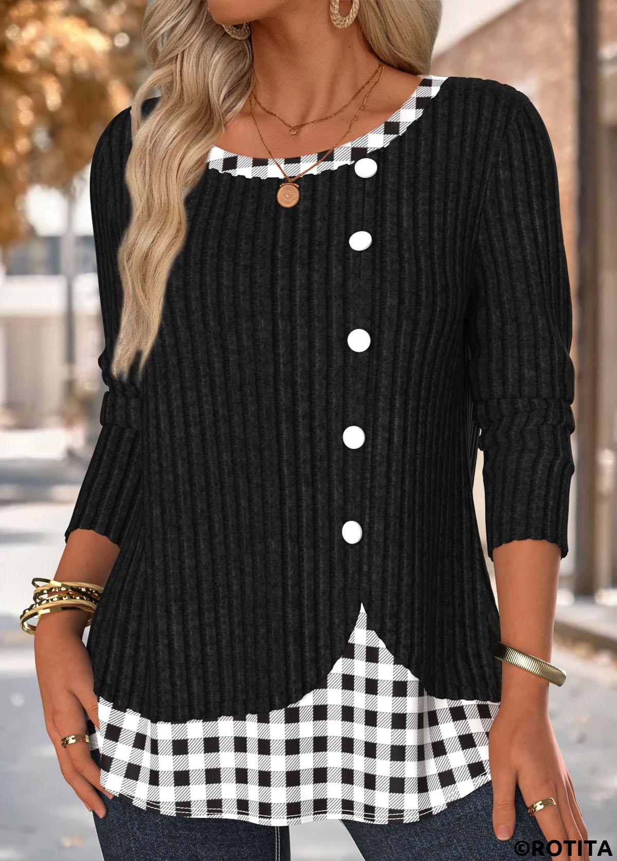 Black tops,Plaid tops,Geometric tops,ROTITA Plaid Black Round Neck Long Sleeve T Shirt