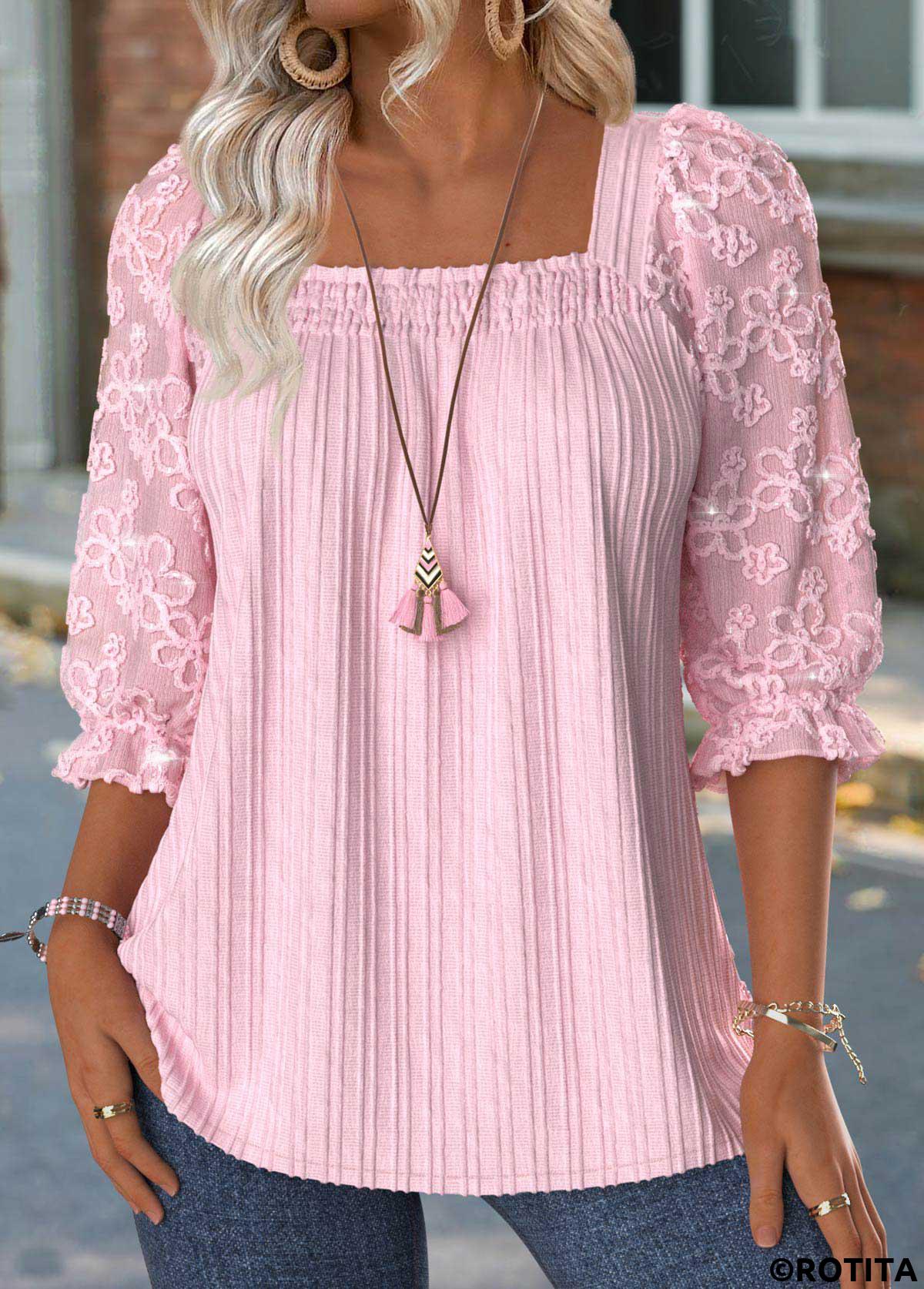 Light Pink tops,Plain Color tops,ROTITA Light Pink Square Neck 3/4 Sleeve Blouse