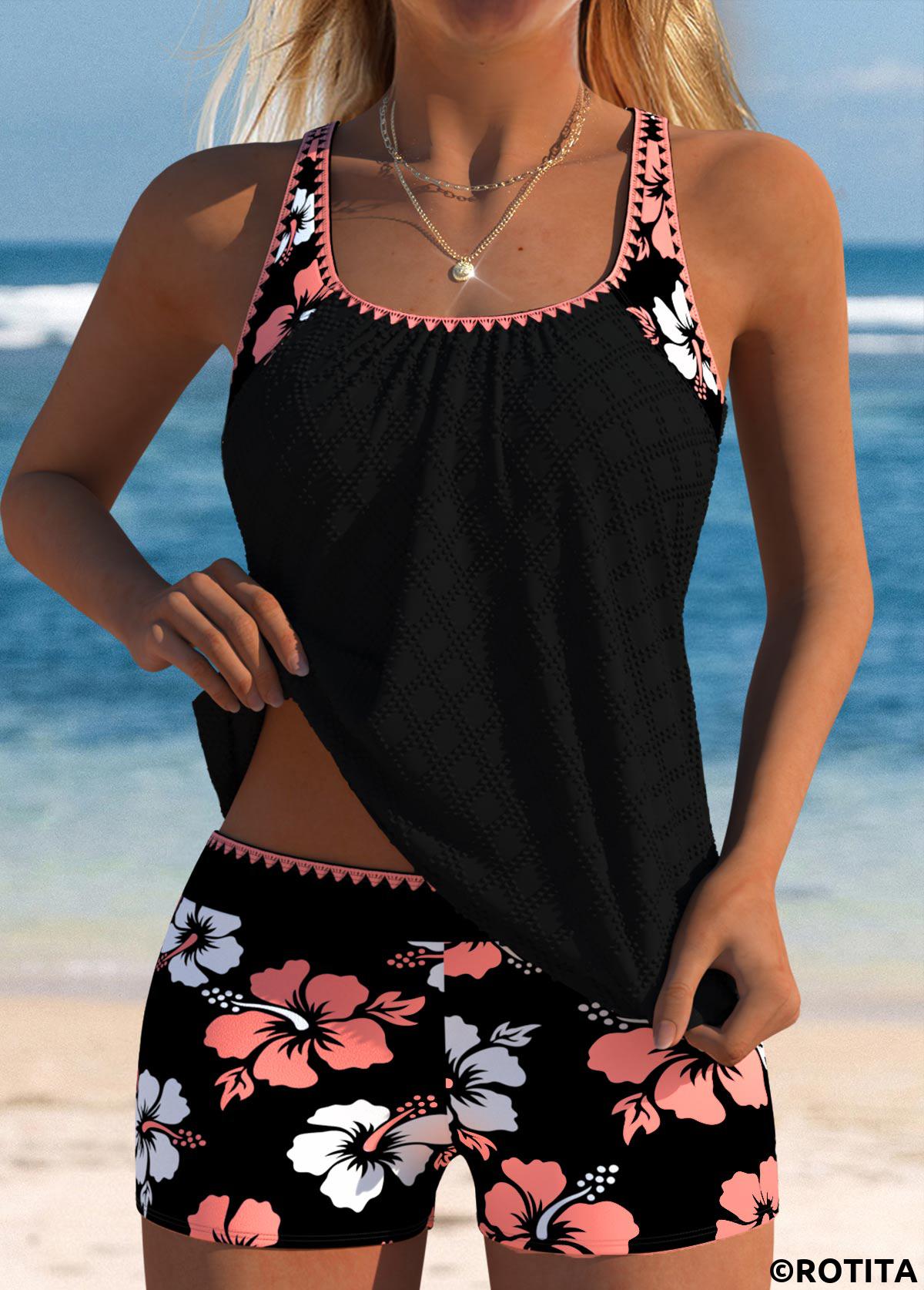 Black swimwear,Floral swimwear,Plants swimwear,ROTITA Coral Floral Print Mid Waisted Tankini Set