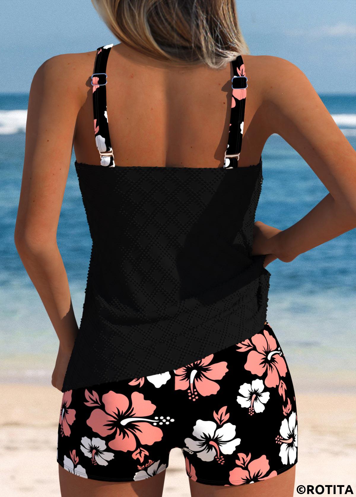Black swimwear,Floral swimwear,Plants swimwear,ROTITA Coral Floral Print Mid Waisted Tankini Set
