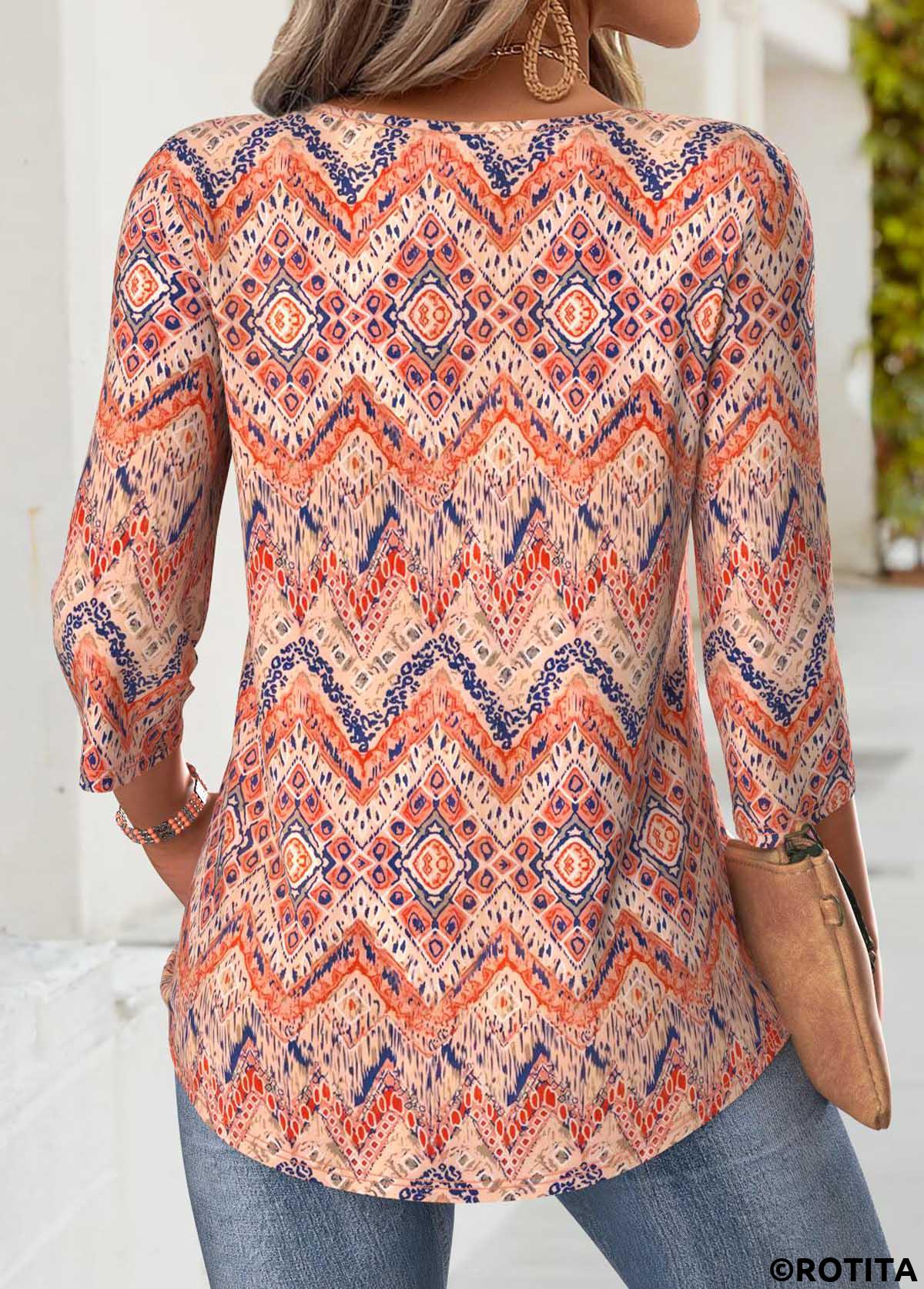 Multi Color tops,Tribal tops,ROTITA Tribal Print Multi Color Round Neck T Shirt
