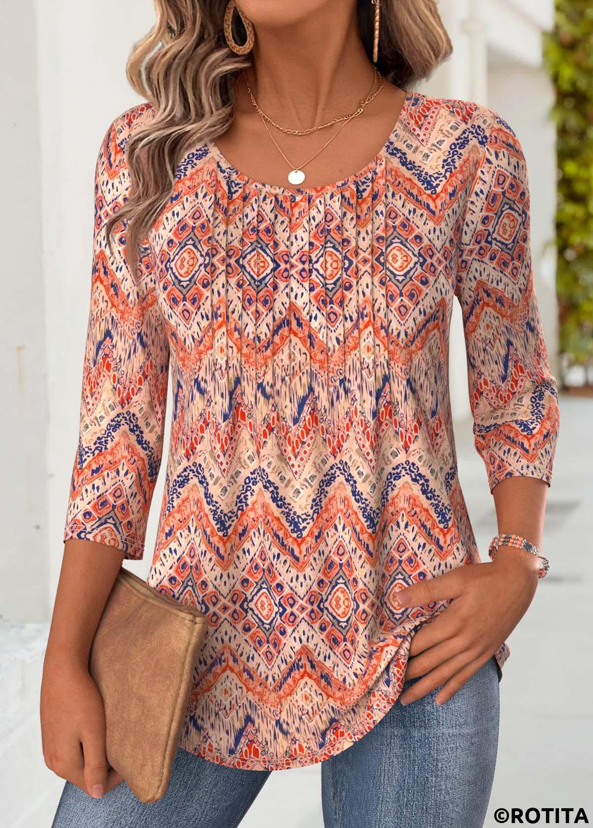 Multi Color tops,Tribal tops,ROTITA Tribal Print Multi Color Round Neck T Shirt