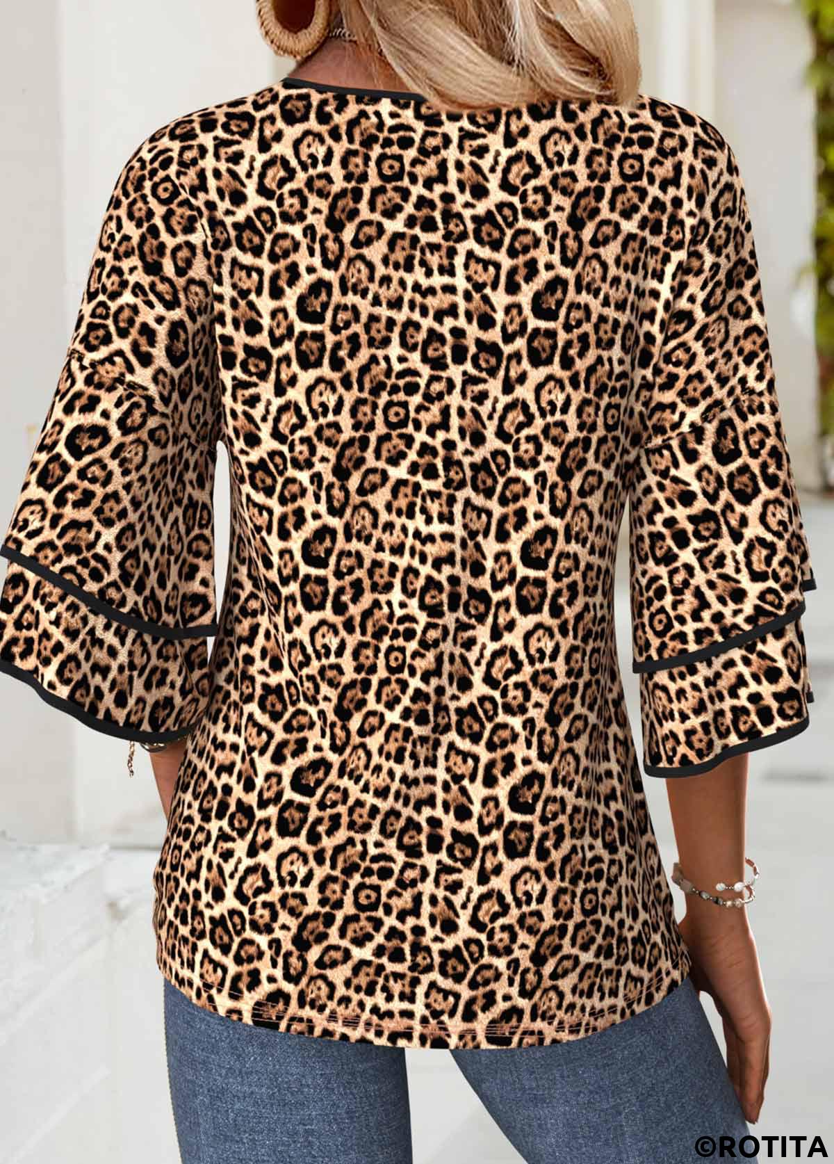 Light Coffee tops,Leopard tops,Animal Print tops,ROTITA Leopard Light Coffee 3/4 Sleeve T Shirt
