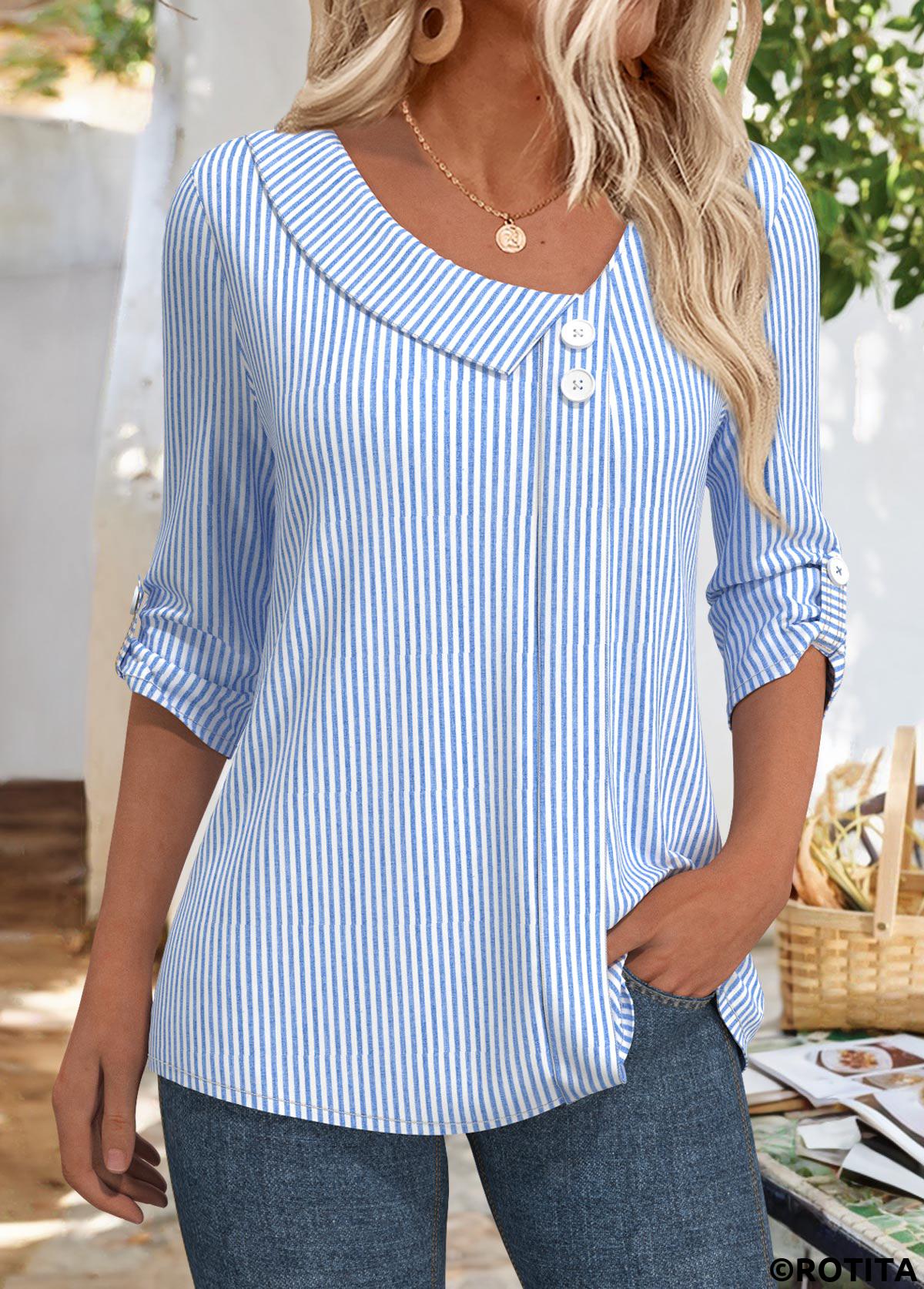 Blue tops,Striped tops,Geometric tops,ROTITA Striped Blue Asymmetrical Neck 3/4 Sleeve Blouse