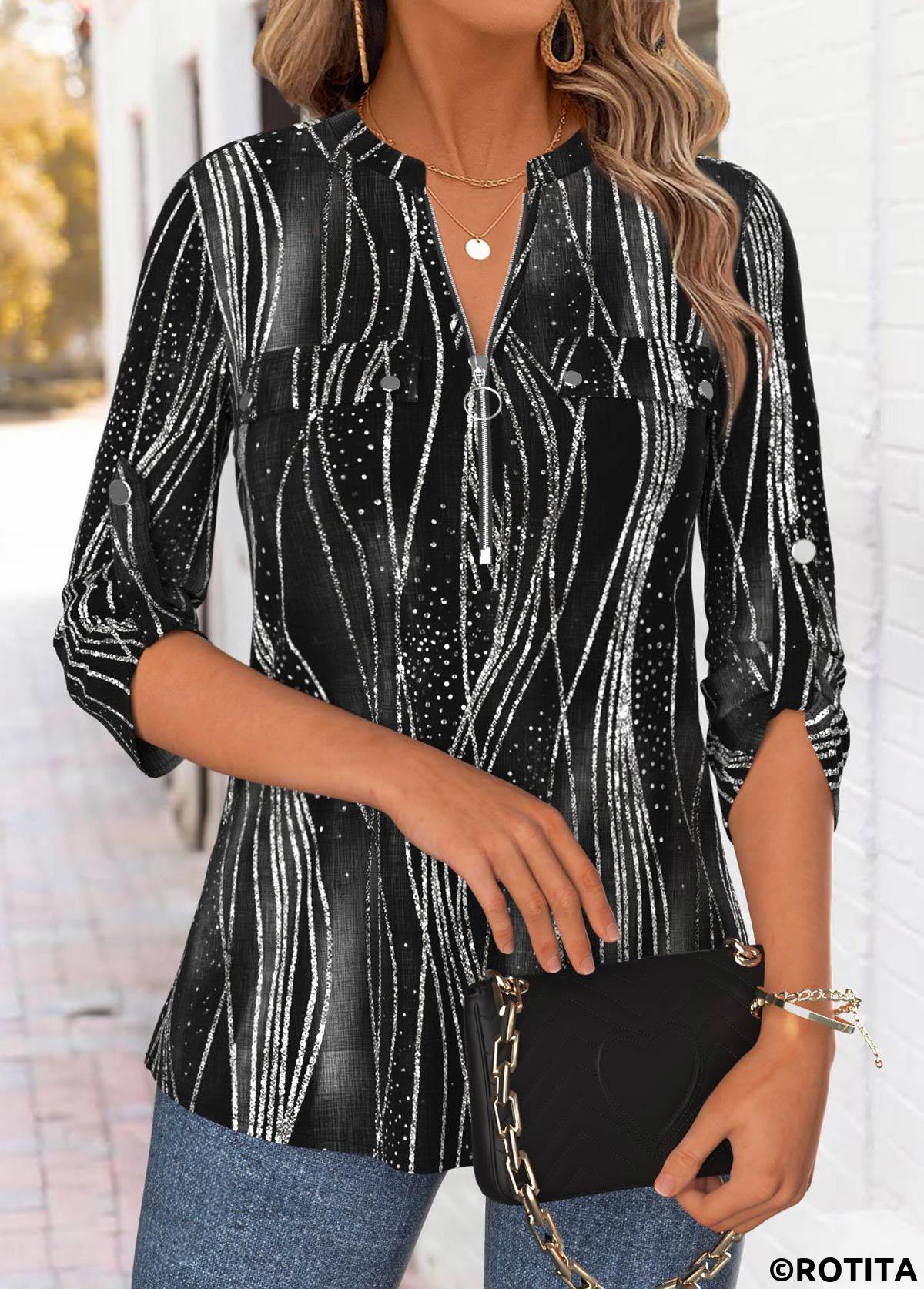Black tops,Geometric tops,ROTITA Geometric Print Black Split Neck 3/4 Sleeve Blouse