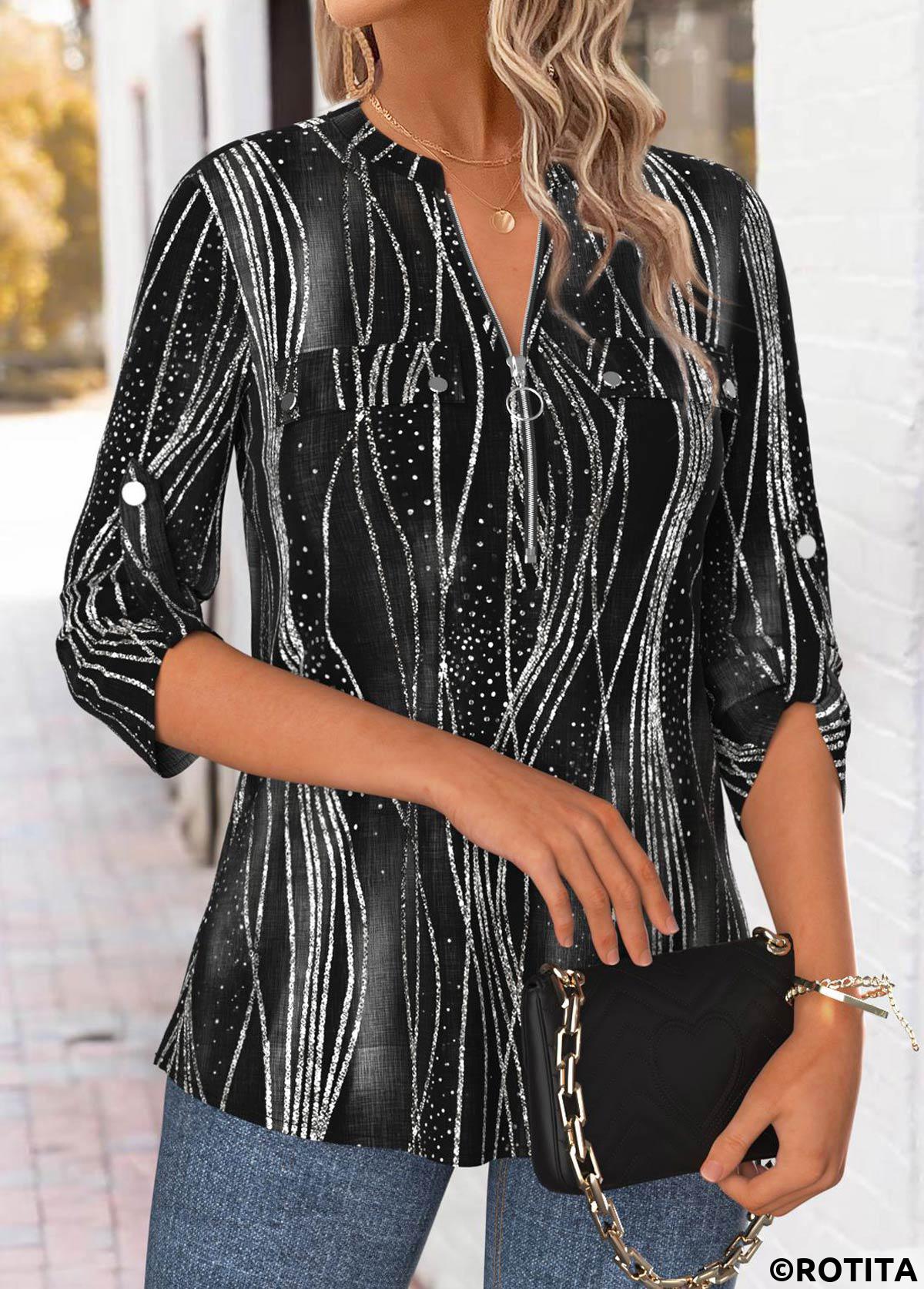 Black tops,Geometric tops,ROTITA Geometric Print Black Split Neck 3/4 Sleeve Blouse