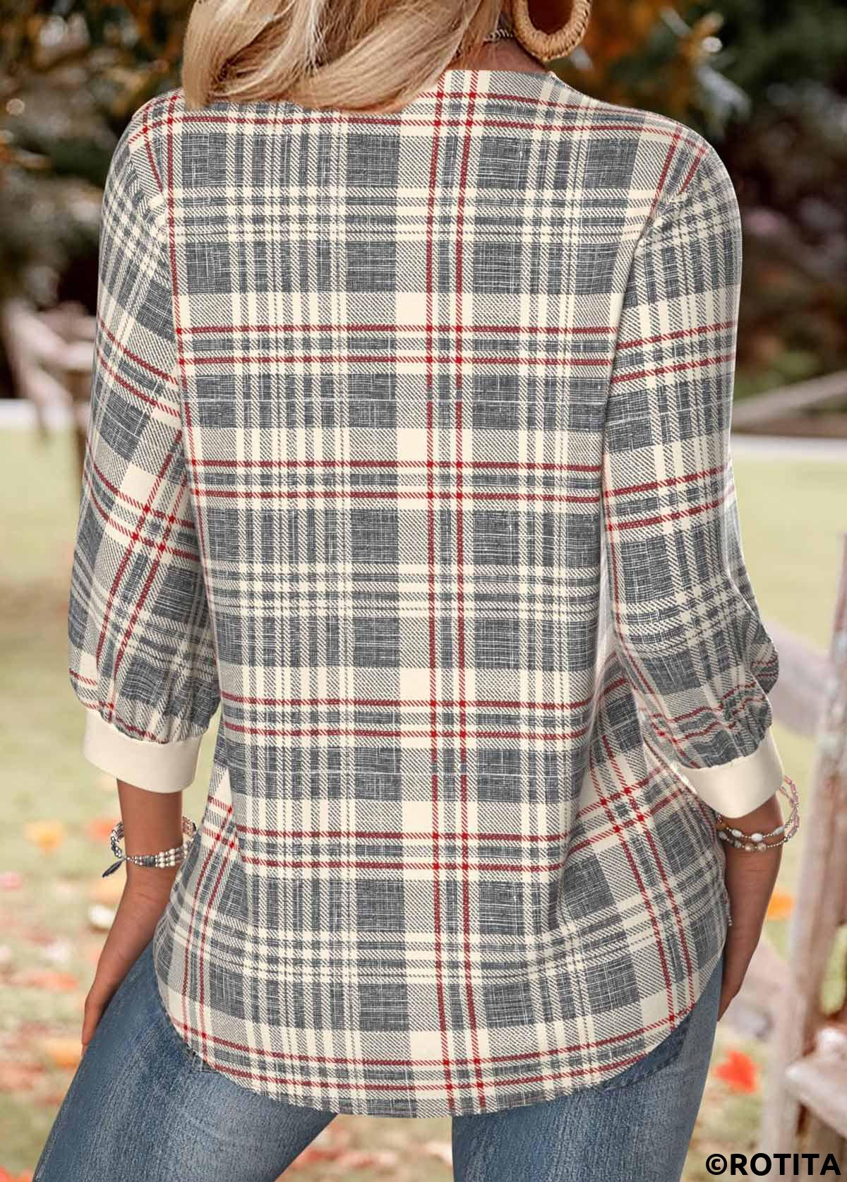 Multi Color tops,Plaid tops,Geometric tops,ROTITA Plaid Multi Color V Neck 3/4 Sleeve Shirt