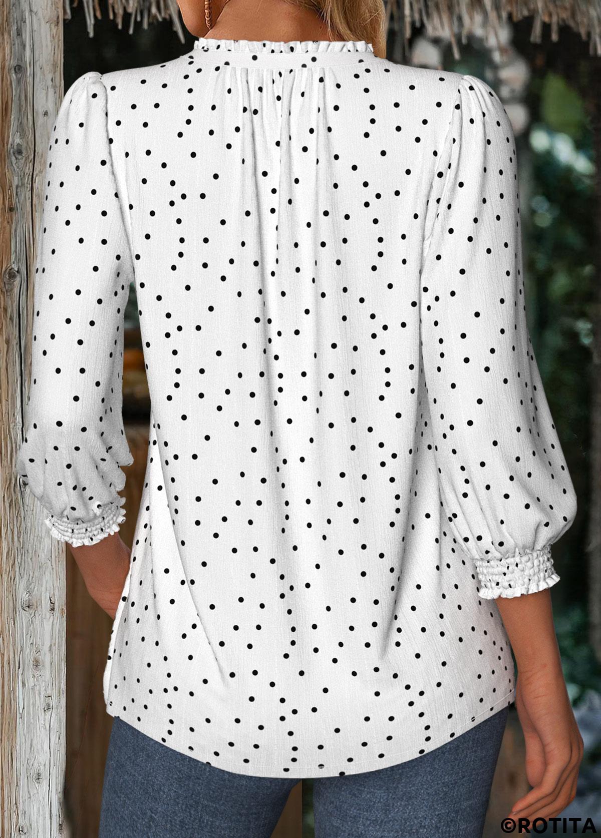 White tops,Dot tops,ROTITA Polka Dot White V Neck 3/4 Sleeve Blouse