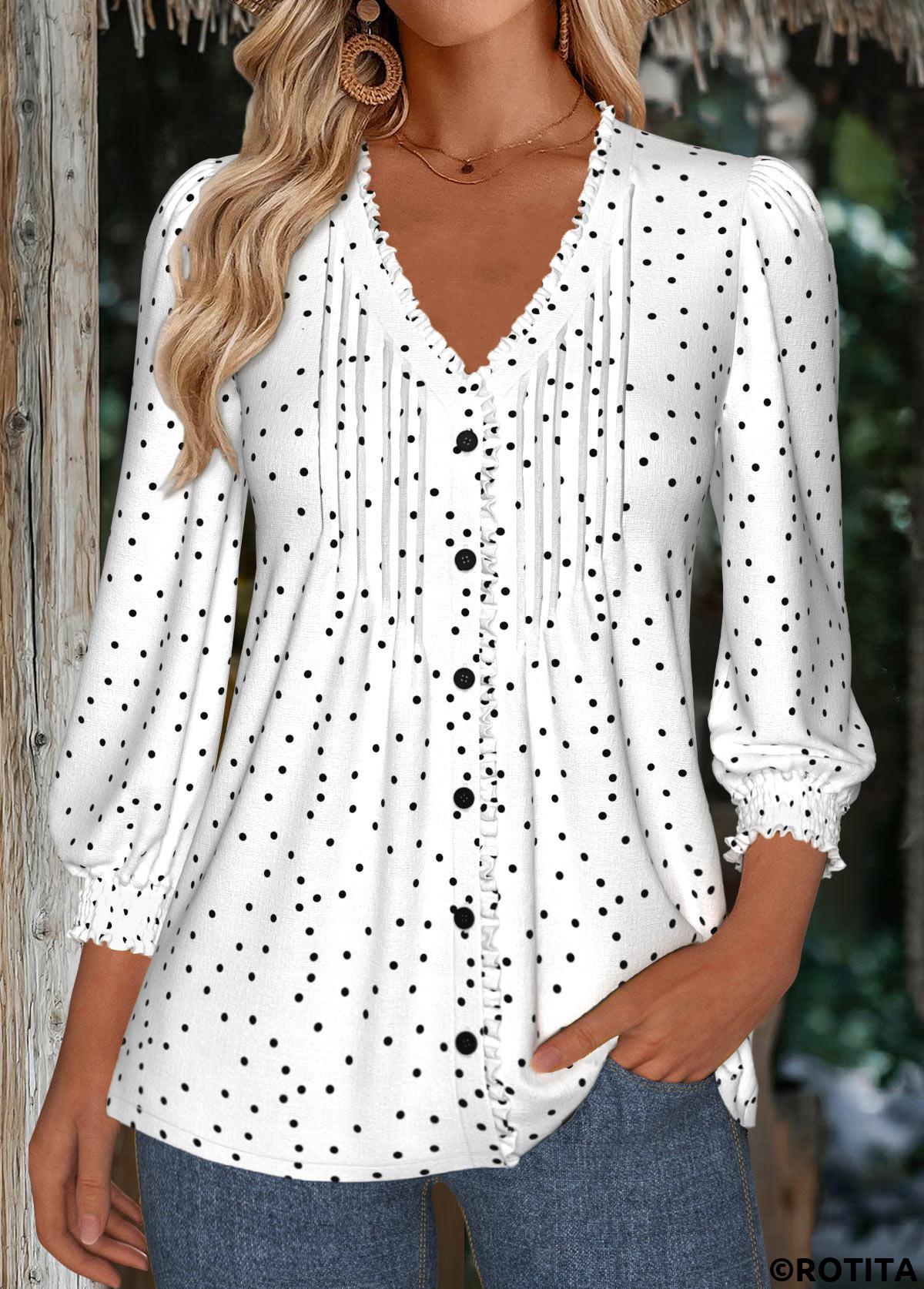 White tops,Dot tops,ROTITA Polka Dot White V Neck 3/4 Sleeve Blouse