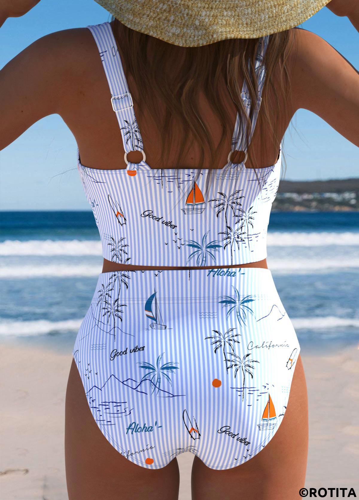 Light Blue swimwear,Plants swimwear,ROTITA Light Blue Tropical Plants Print High Waisted Bikini Set