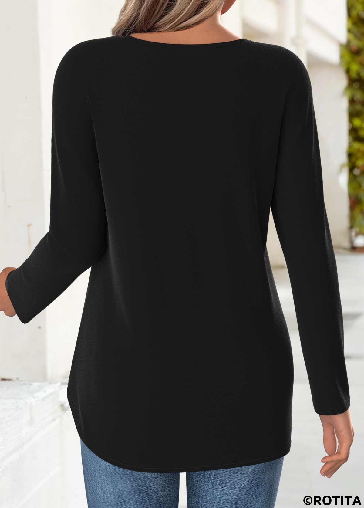 Black tops,Plain Color tops,ROTITA Black Square Neck 3/4 Sleeve T Shirt