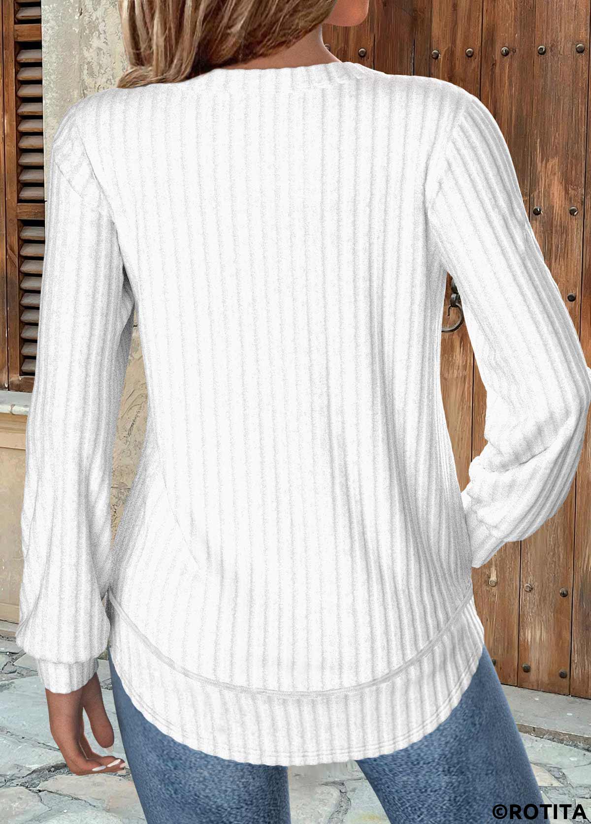 White tops,Plain Color tops,ROTITA White Round Neck Long Sleeve Sweatshirt