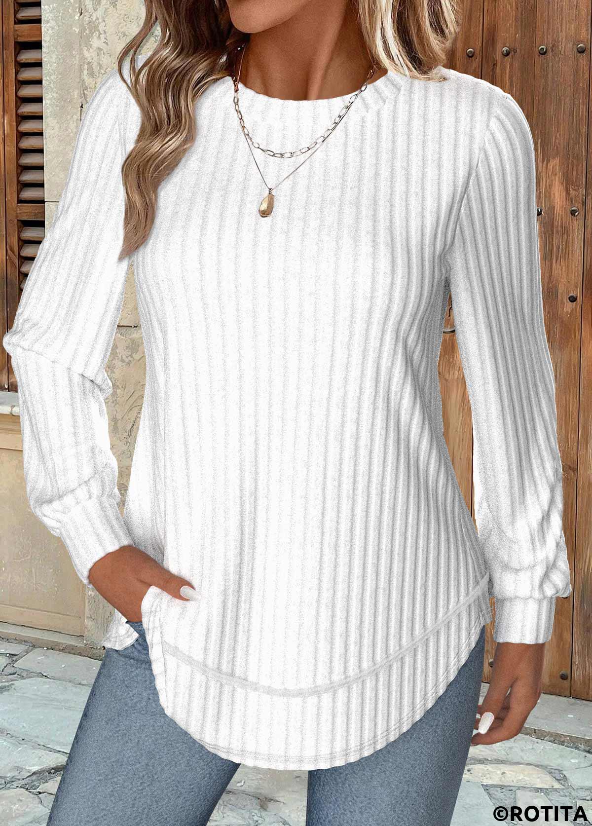 White tops,Plain Color tops,ROTITA White Round Neck Long Sleeve Sweatshirt