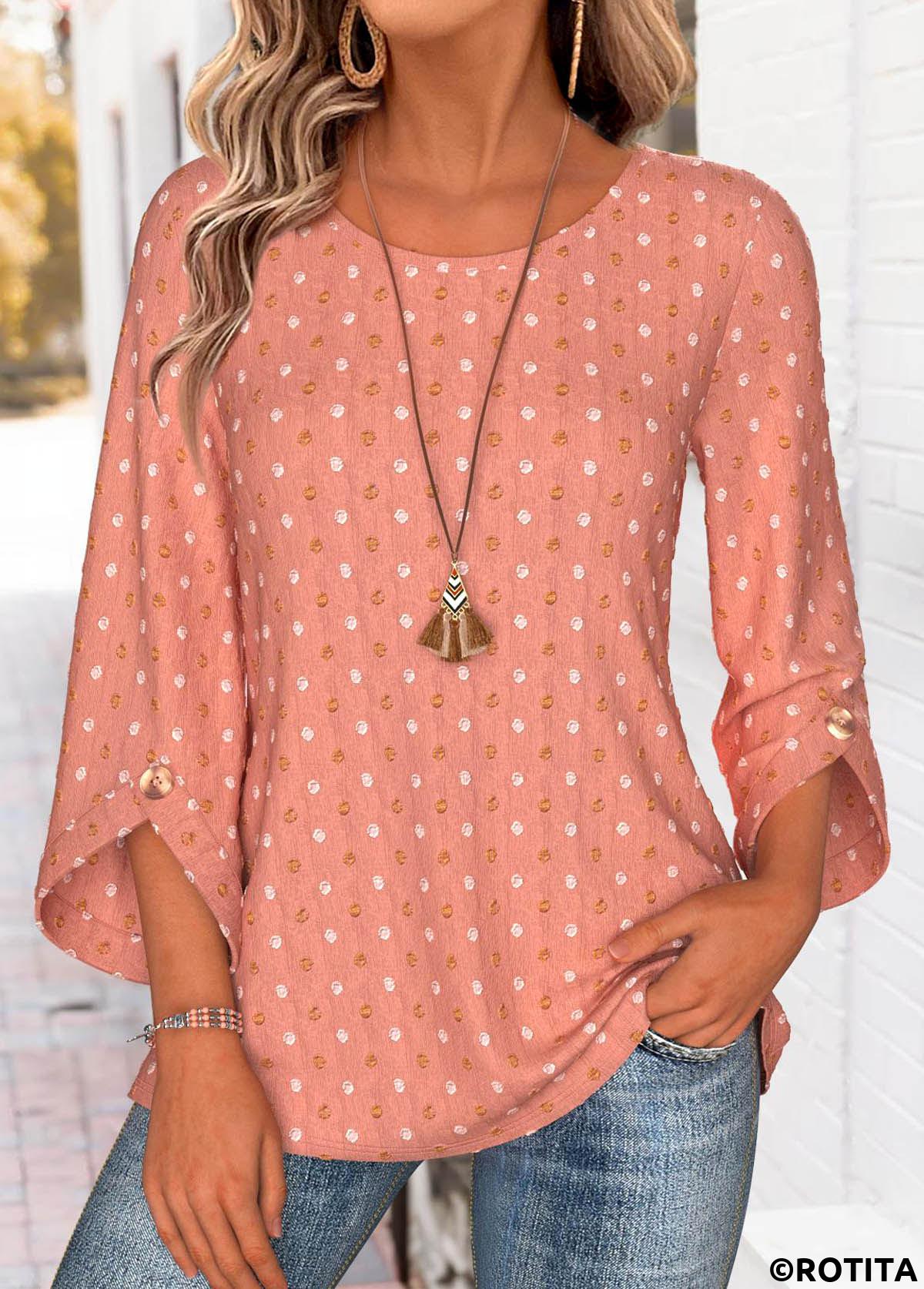 Dusty Pink tops,Plain Color tops,ROTITA Dusty Pink Round Neck 3/4 Sleeve Blouse
