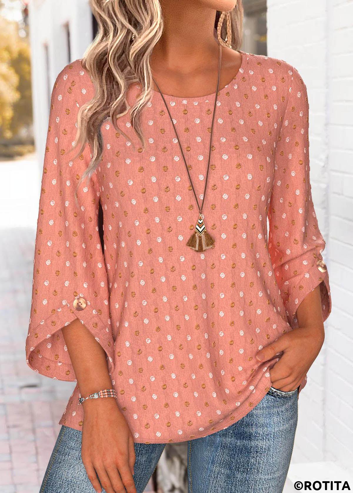 Dusty Pink tops,Plain Color tops,ROTITA Dusty Pink Round Neck 3/4 Sleeve Blouse