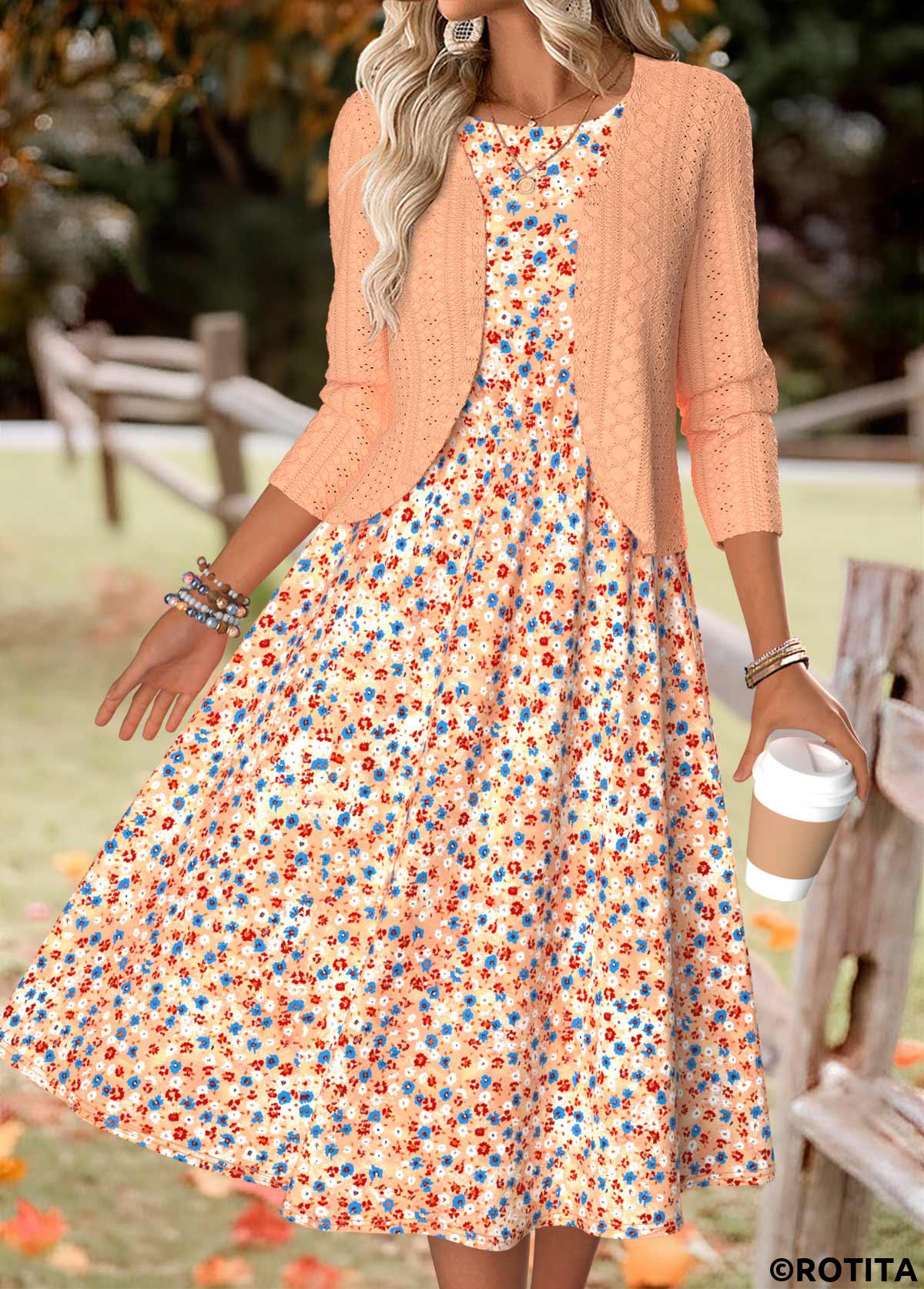 Orange dresses,Ditsy Floral dresses,Everyday dresses,Casual dresses,ROTITA Ditsy Floral Print Orange Round Neck Dress and Cardigan
