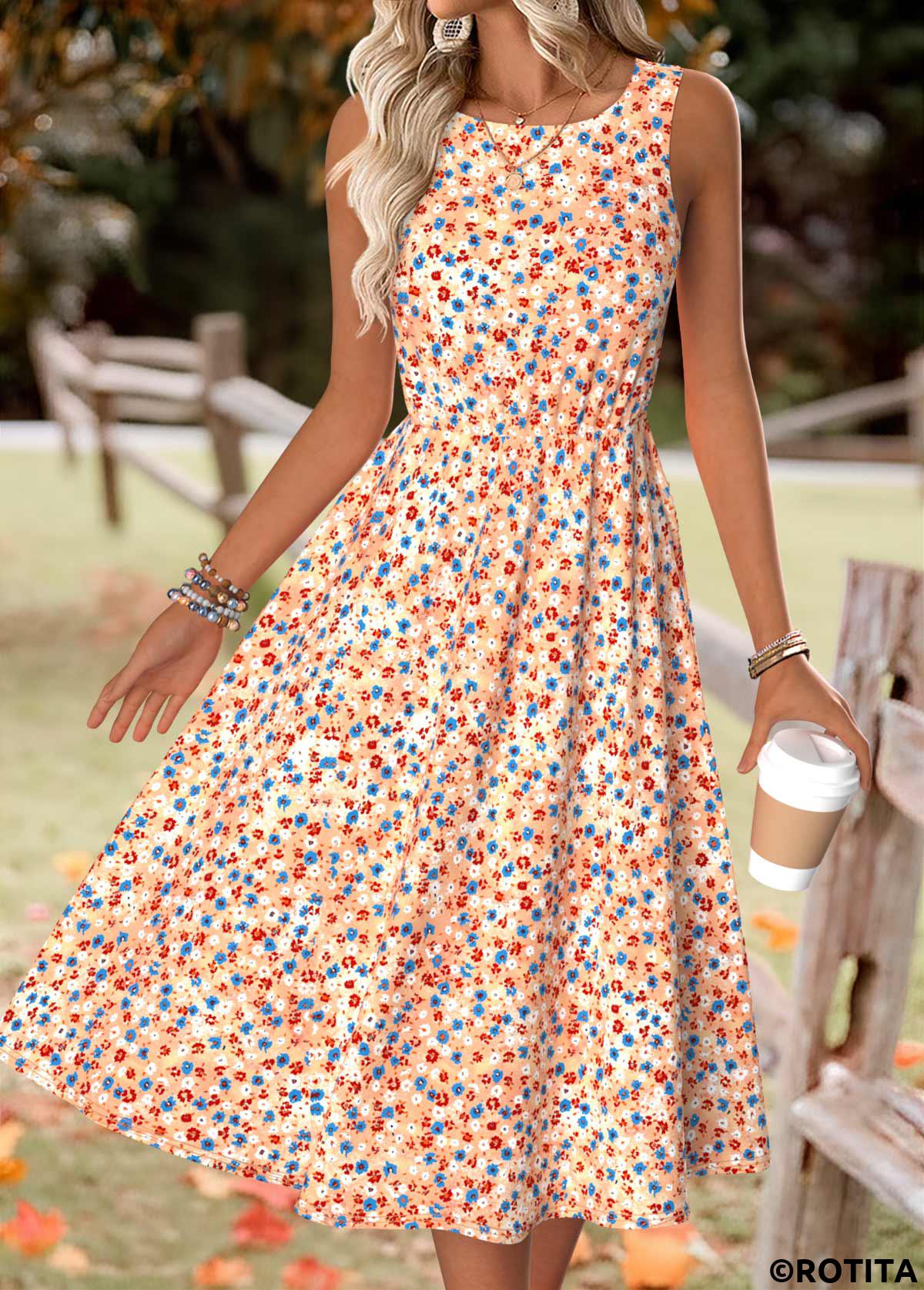 Orange dresses,Ditsy Floral dresses,Everyday dresses,Casual dresses,ROTITA Ditsy Floral Print Orange Round Neck Dress and Cardigan