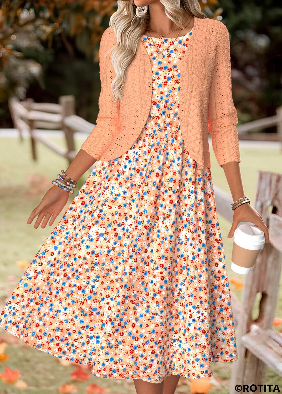 Orange dresses,Ditsy Floral dresses,Everyday dresses,Casual dresses,ROTITA Ditsy Floral Print Orange Round Neck Dress and Cardigan