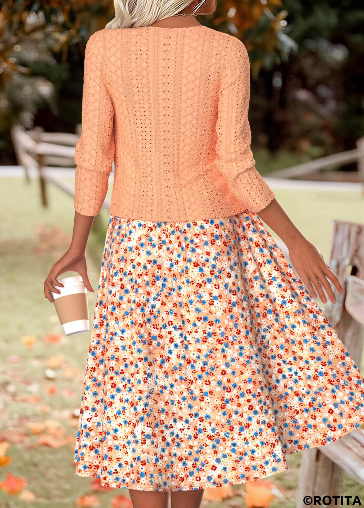 Orange dresses,Ditsy Floral dresses,Everyday dresses,Casual dresses,ROTITA Ditsy Floral Print Orange Round Neck Dress and Cardigan