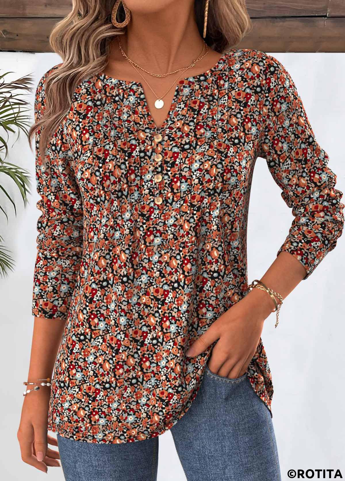 Multi Color tops,Ditsy Floral tops,ROTITA Ditsy Floral Print Multi Color Split Neck T Shirt