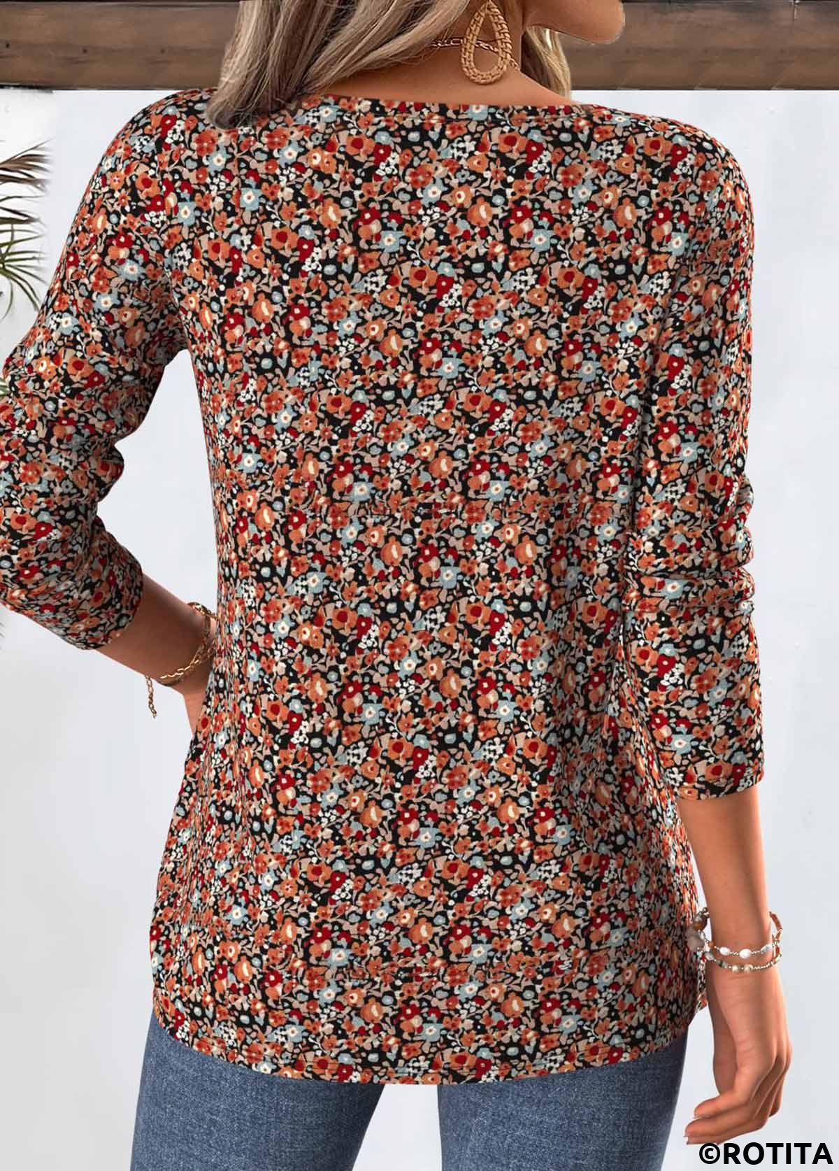 Multi Color tops,Ditsy Floral tops,ROTITA Ditsy Floral Print Multi Color Split Neck T Shirt