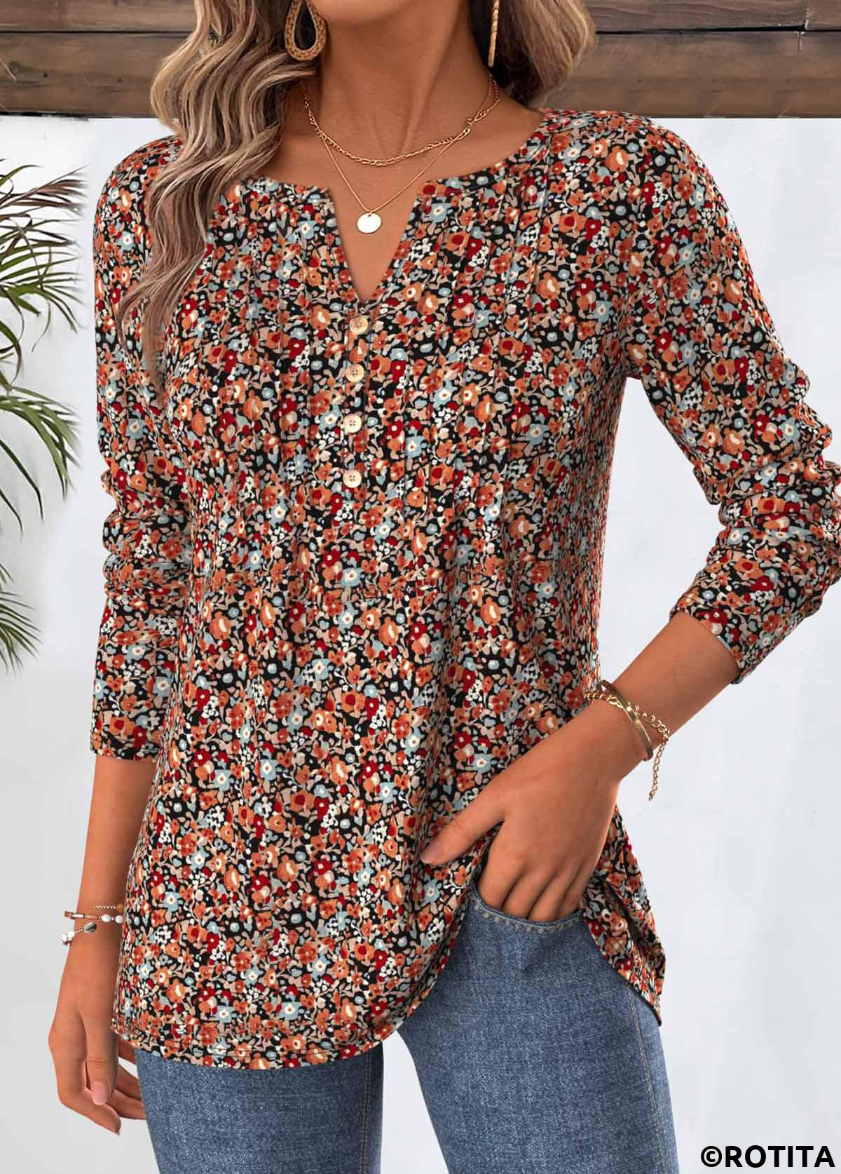 Multi Color tops,Ditsy Floral tops,ROTITA Ditsy Floral Print Multi Color Split Neck T Shirt