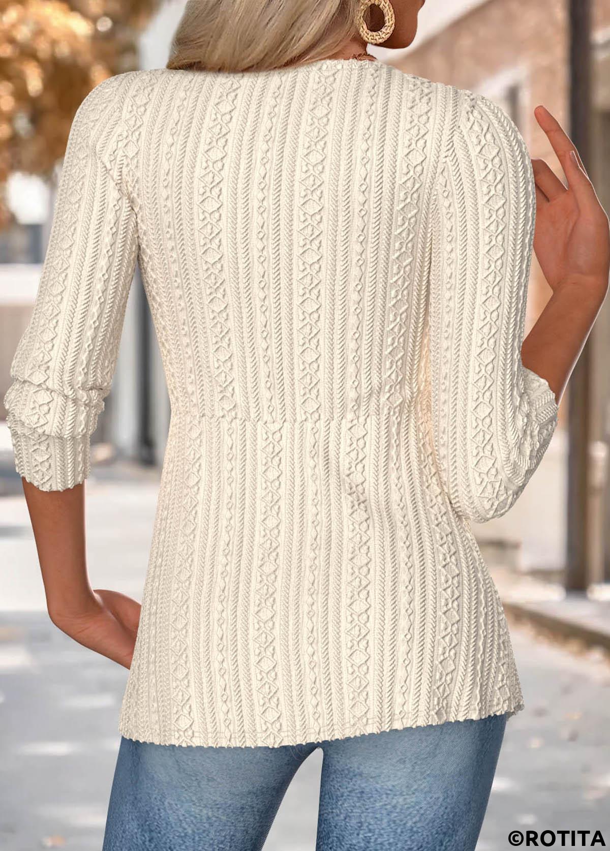 Beige tops,Plain Color tops,ROTITA Beige V Neck 3/4 Sleeve T Shirt
