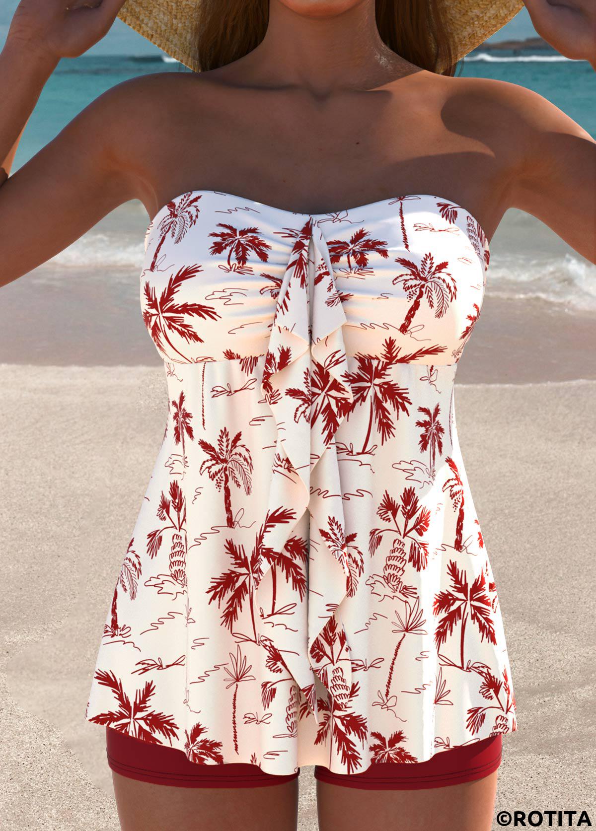 Wine Red swimwear,Plants swimwear,ROTITA Wine Red Tropical Plants Print Mid Waisted Tankini Set