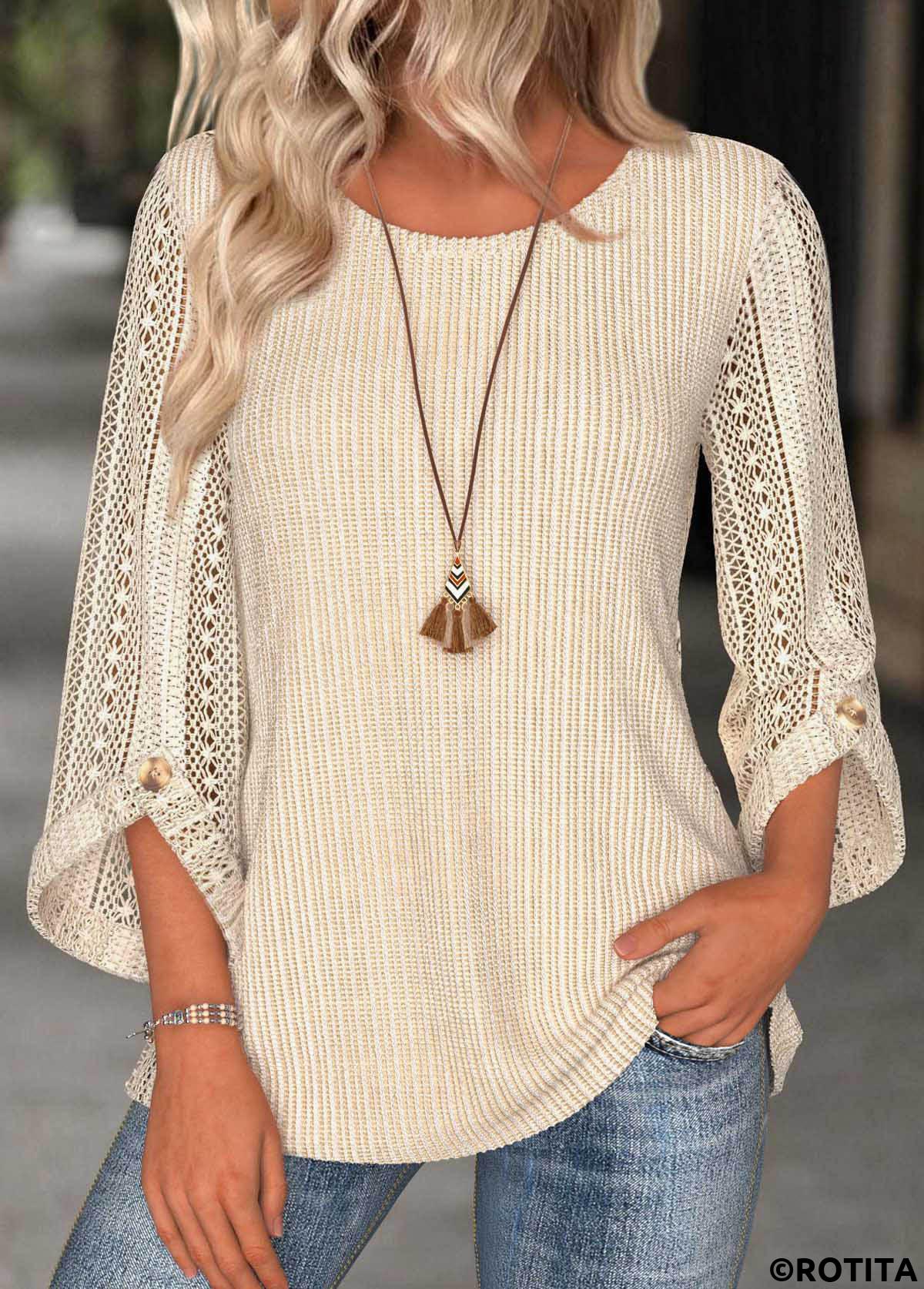 Beige tops,Plain Color tops,ROTITA Beige Round Neck 3/4 Sleeve Blouse