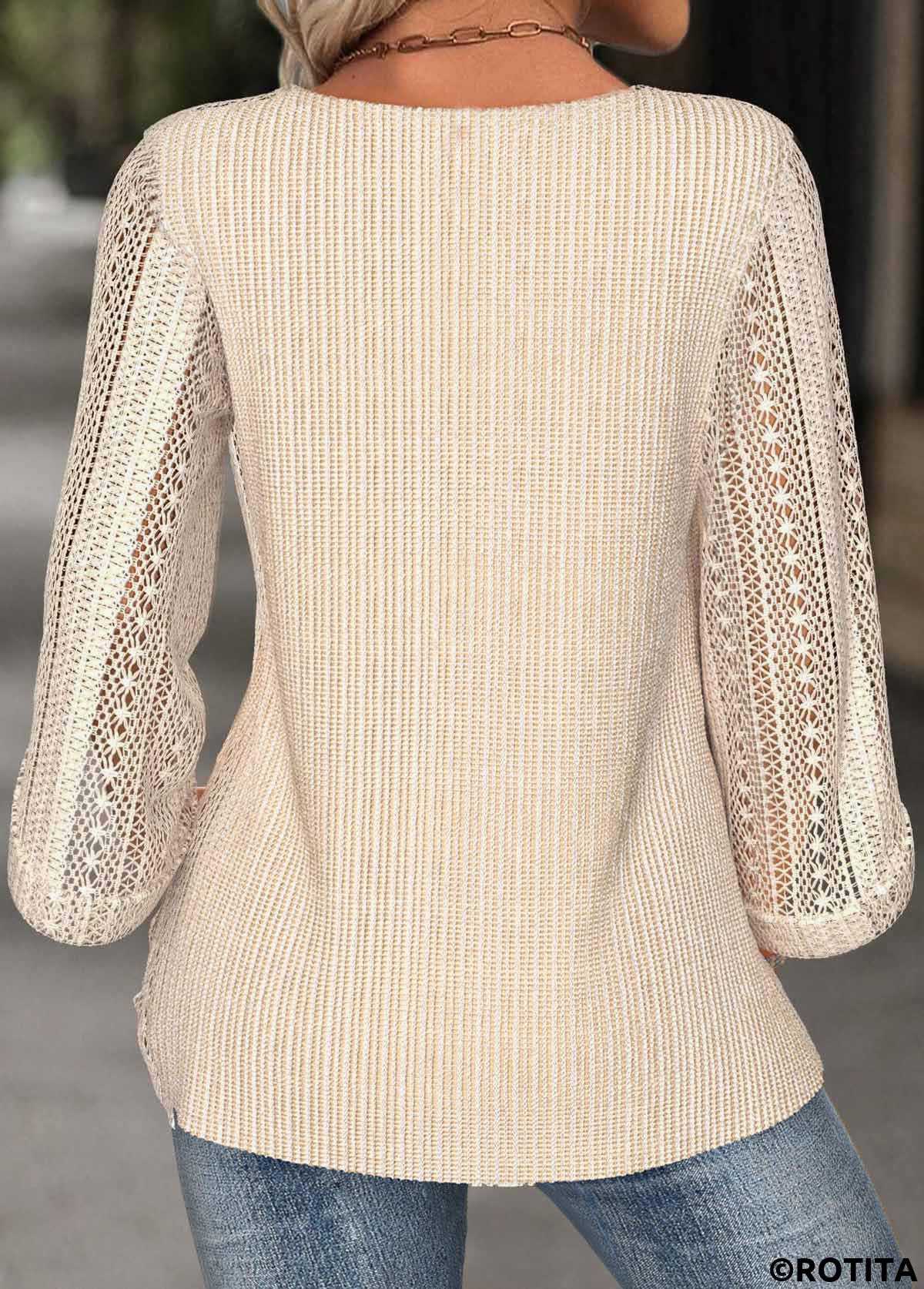 Beige tops,Plain Color tops,ROTITA Beige Round Neck 3/4 Sleeve Blouse