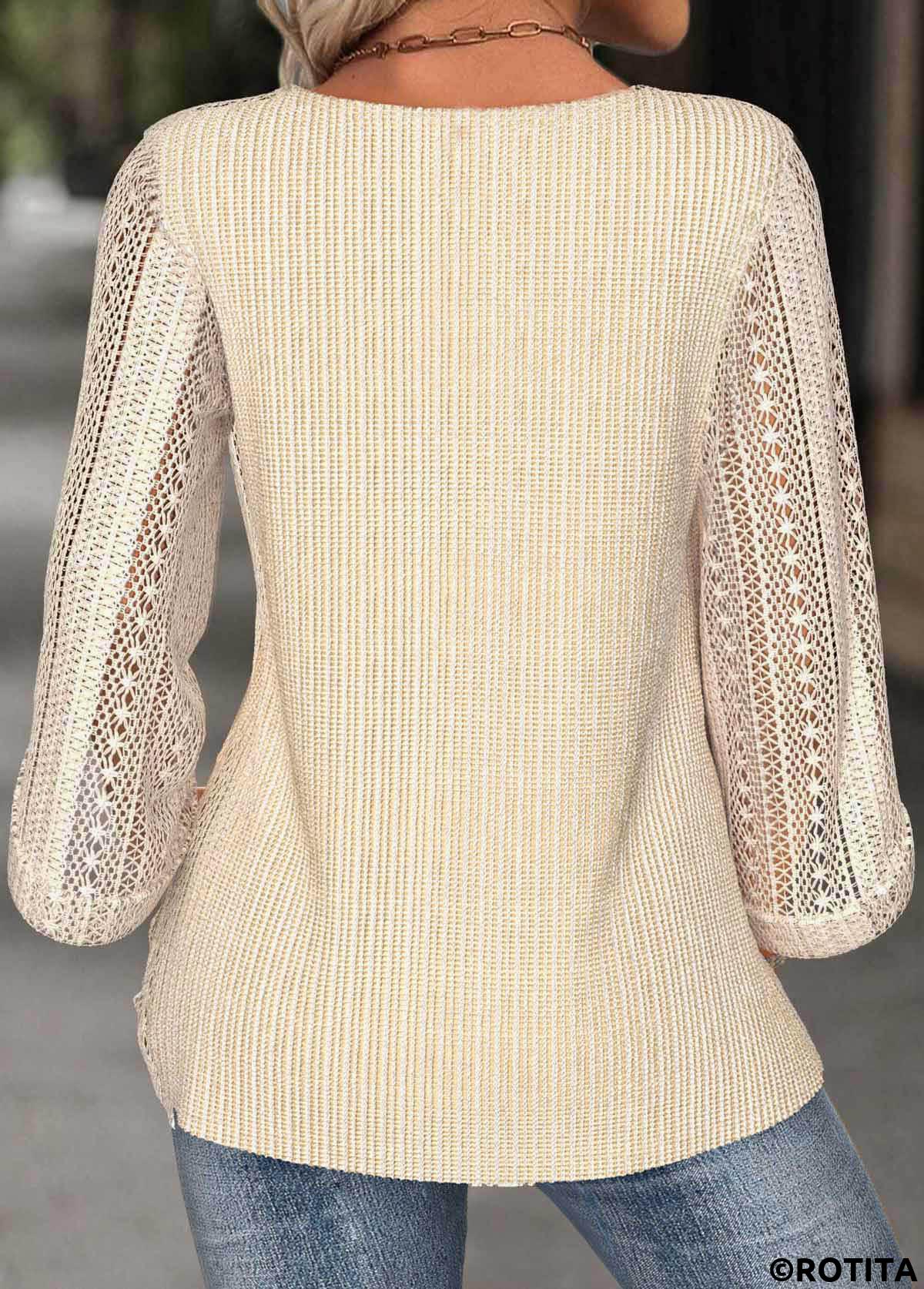 Beige tops,Plain Color tops,ROTITA Beige Round Neck 3/4 Sleeve Blouse