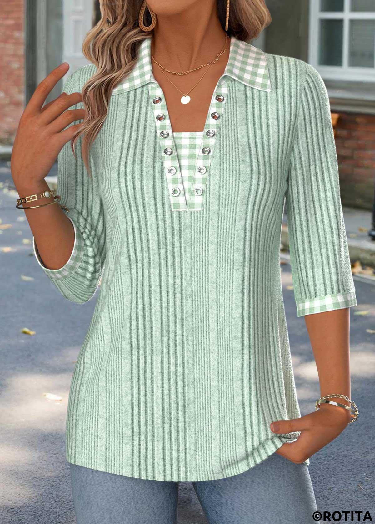 Sage Green tops,Plaid tops,Geometric tops,ROTITA Gingham Print Sage Green 3/4 Sleeve T Shirt