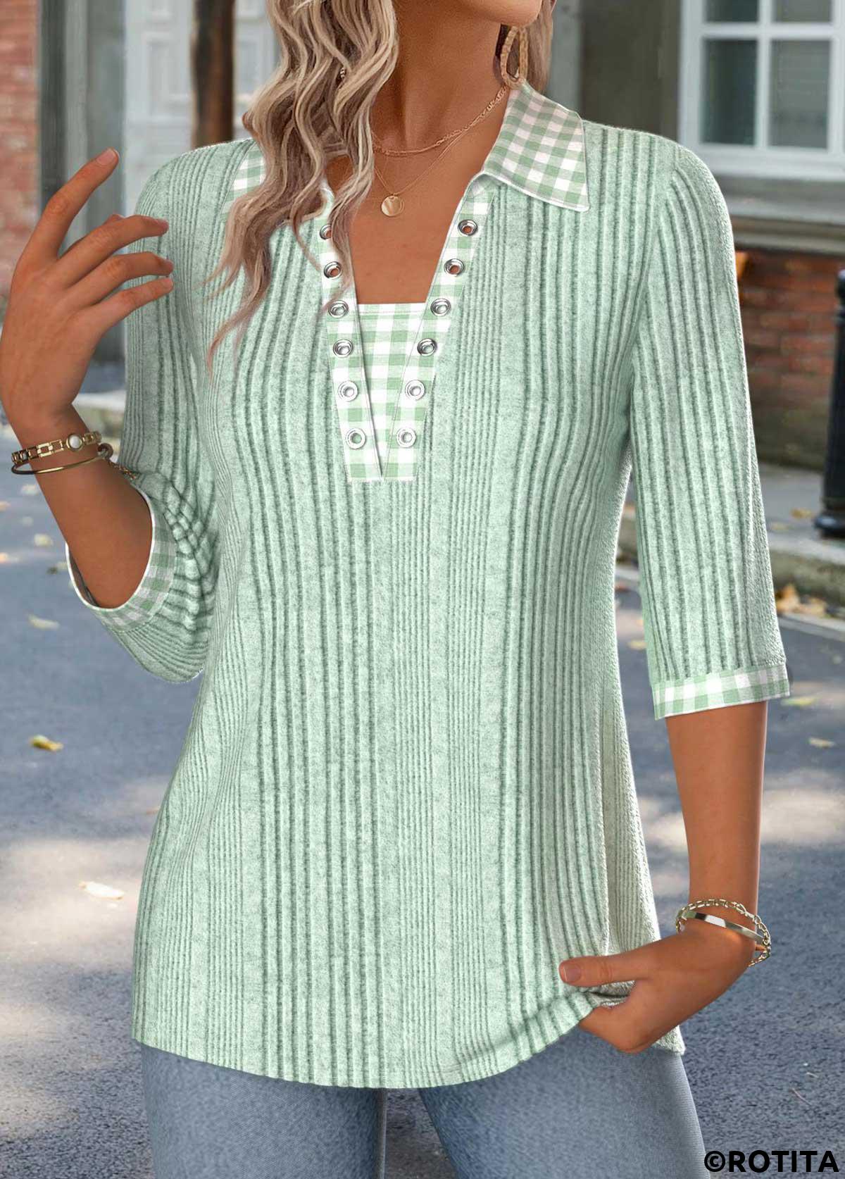 Sage Green tops,Plaid tops,Geometric tops,ROTITA Gingham Print Sage Green 3/4 Sleeve T Shirt