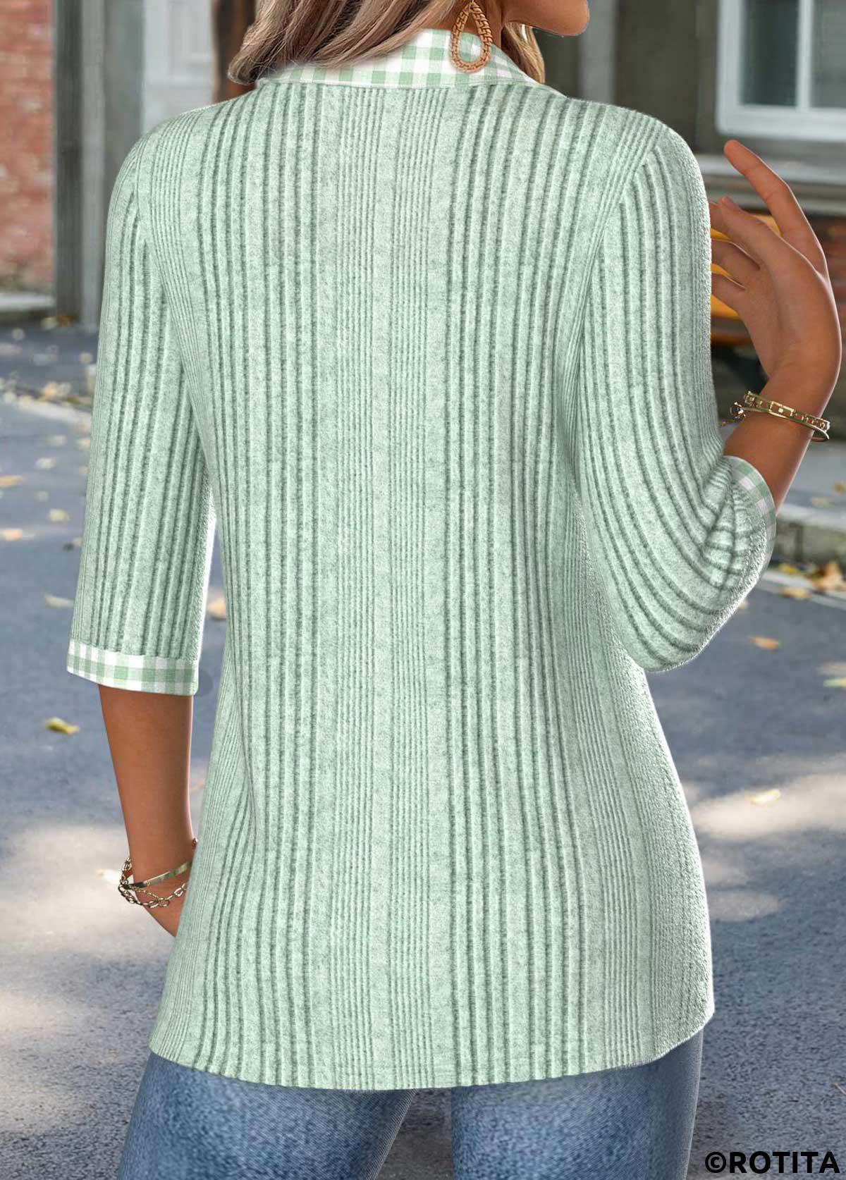 Sage Green tops,Plaid tops,Geometric tops,ROTITA Gingham Print Sage Green 3/4 Sleeve T Shirt