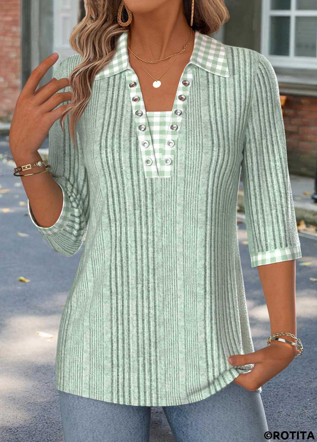Sage Green tops,Plaid tops,Geometric tops,ROTITA Gingham Print Sage Green 3/4 Sleeve T Shirt