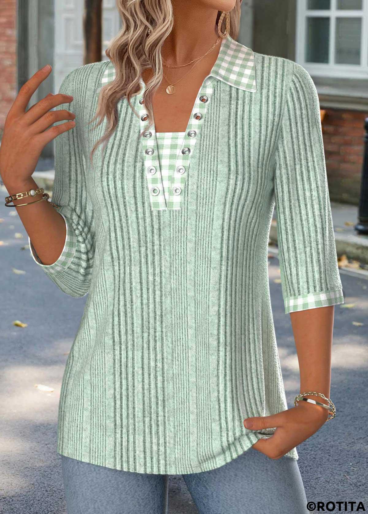 Sage Green tops,Plaid tops,Geometric tops,ROTITA Gingham Print Sage Green 3/4 Sleeve T Shirt