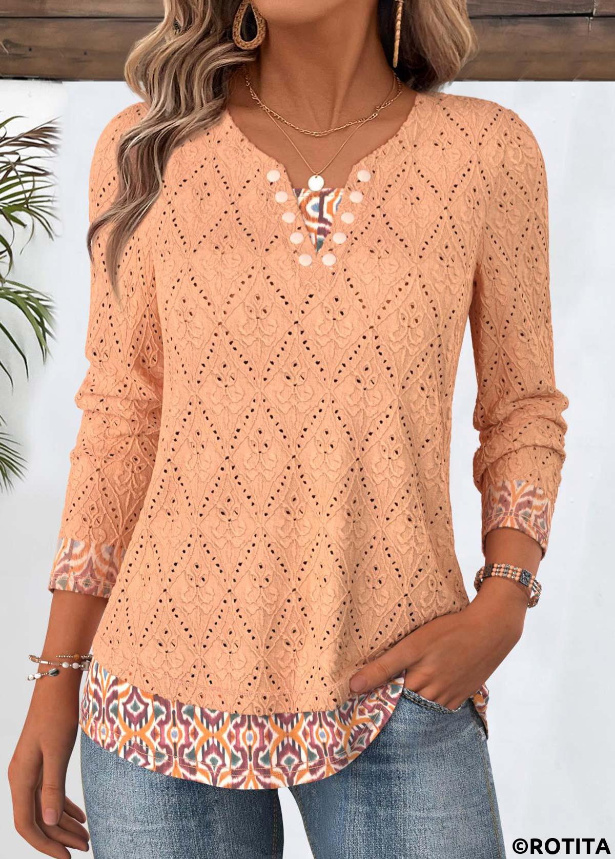 Orange tops,Tribal tops,ROTITA Tribal Print Orange Split Neck Long Sleeve T Shirt
