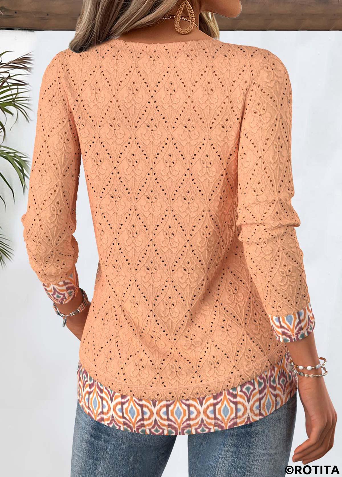 Orange tops,Tribal tops,ROTITA Tribal Print Orange Split Neck Long Sleeve T Shirt