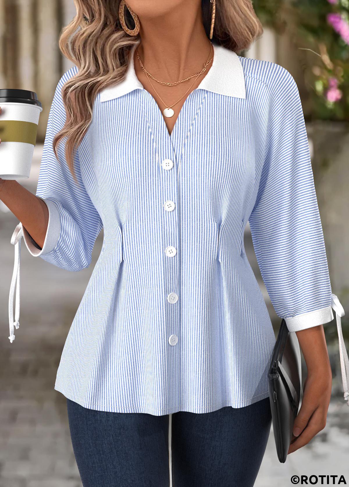 Light Blue tops,Striped tops,Geometric tops,ROTITA Striped Light Blue Turn Down Collar 3/4 Sleeve Blouse