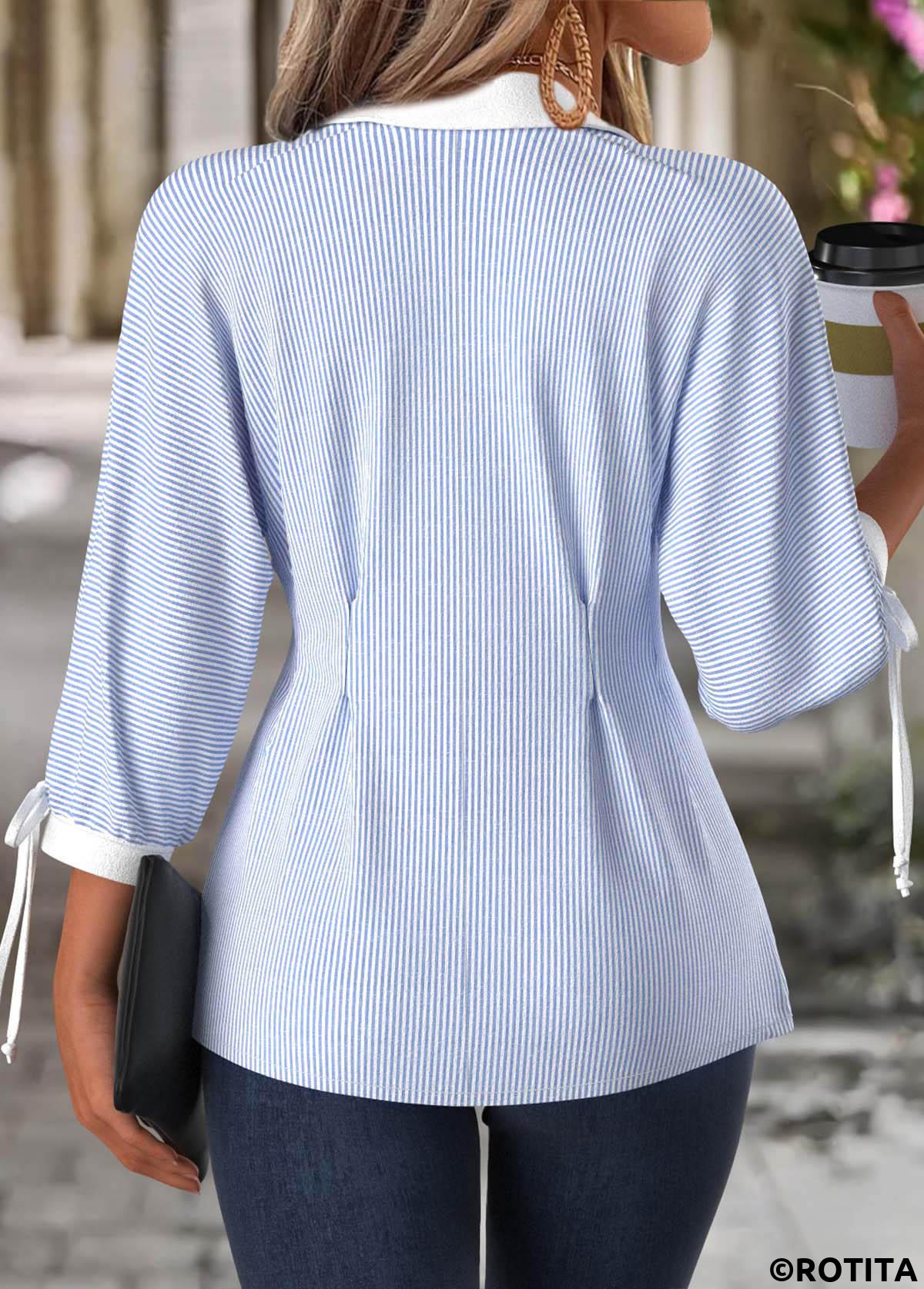 Light Blue tops,Striped tops,Geometric tops,ROTITA Striped Light Blue Turn Down Collar 3/4 Sleeve Blouse