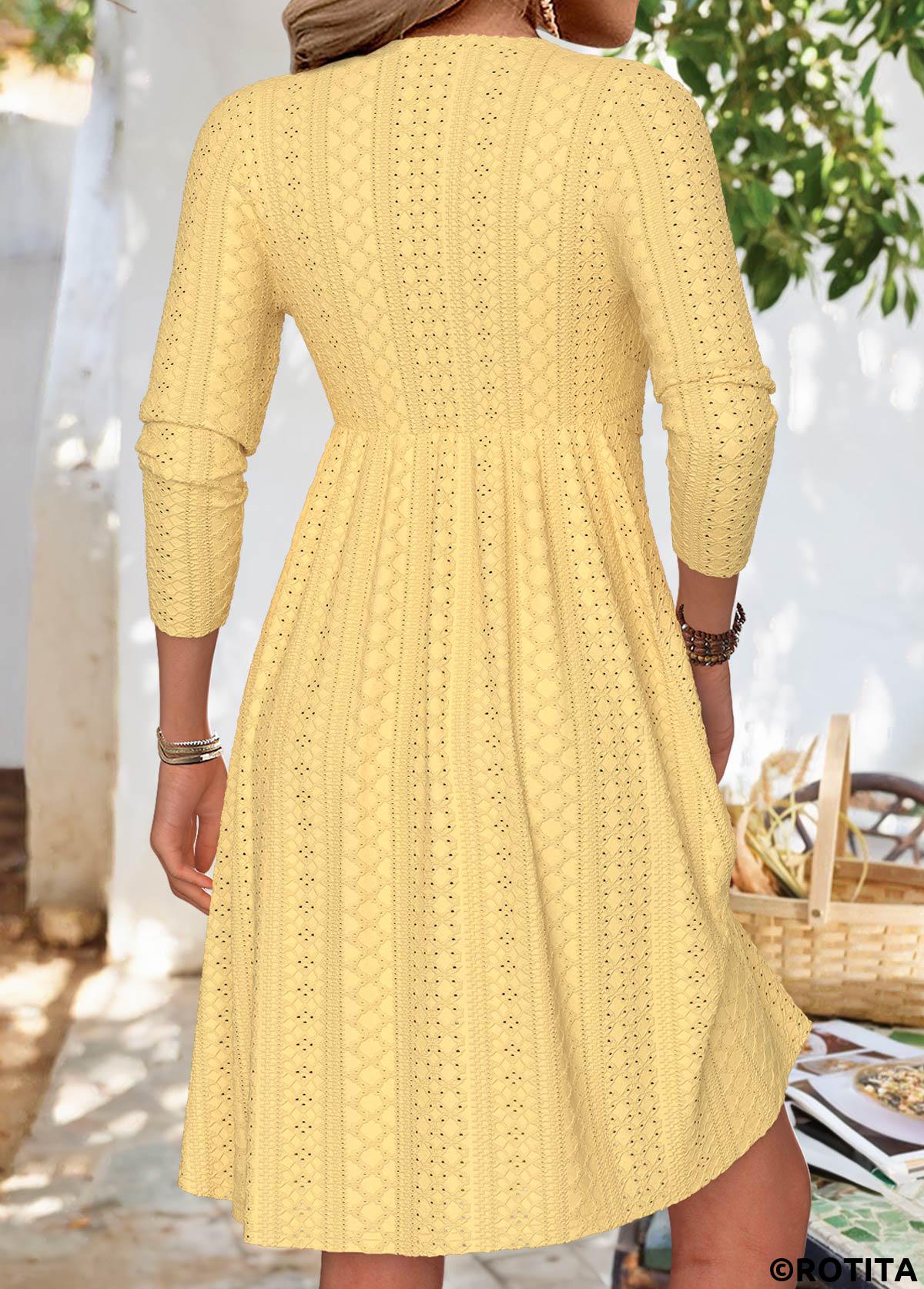 Light Yellow dresses,Plain Color dresses,Everyday dresses,Casual dresses,ROTITA Light Yellow V Neck Long Sleeve Dress