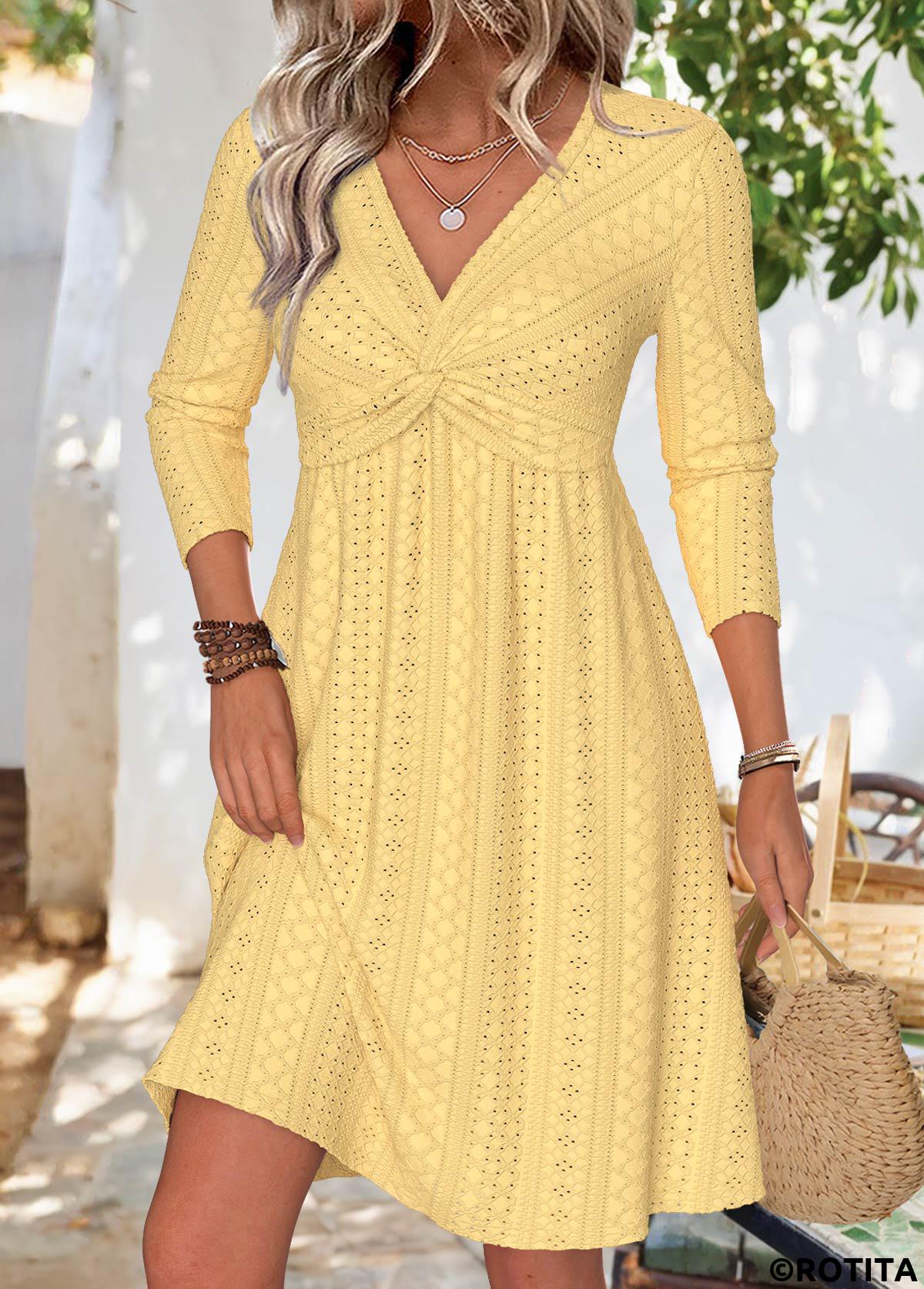Light Yellow dresses,Plain Color dresses,Everyday dresses,Casual dresses,ROTITA Light Yellow V Neck Long Sleeve Dress