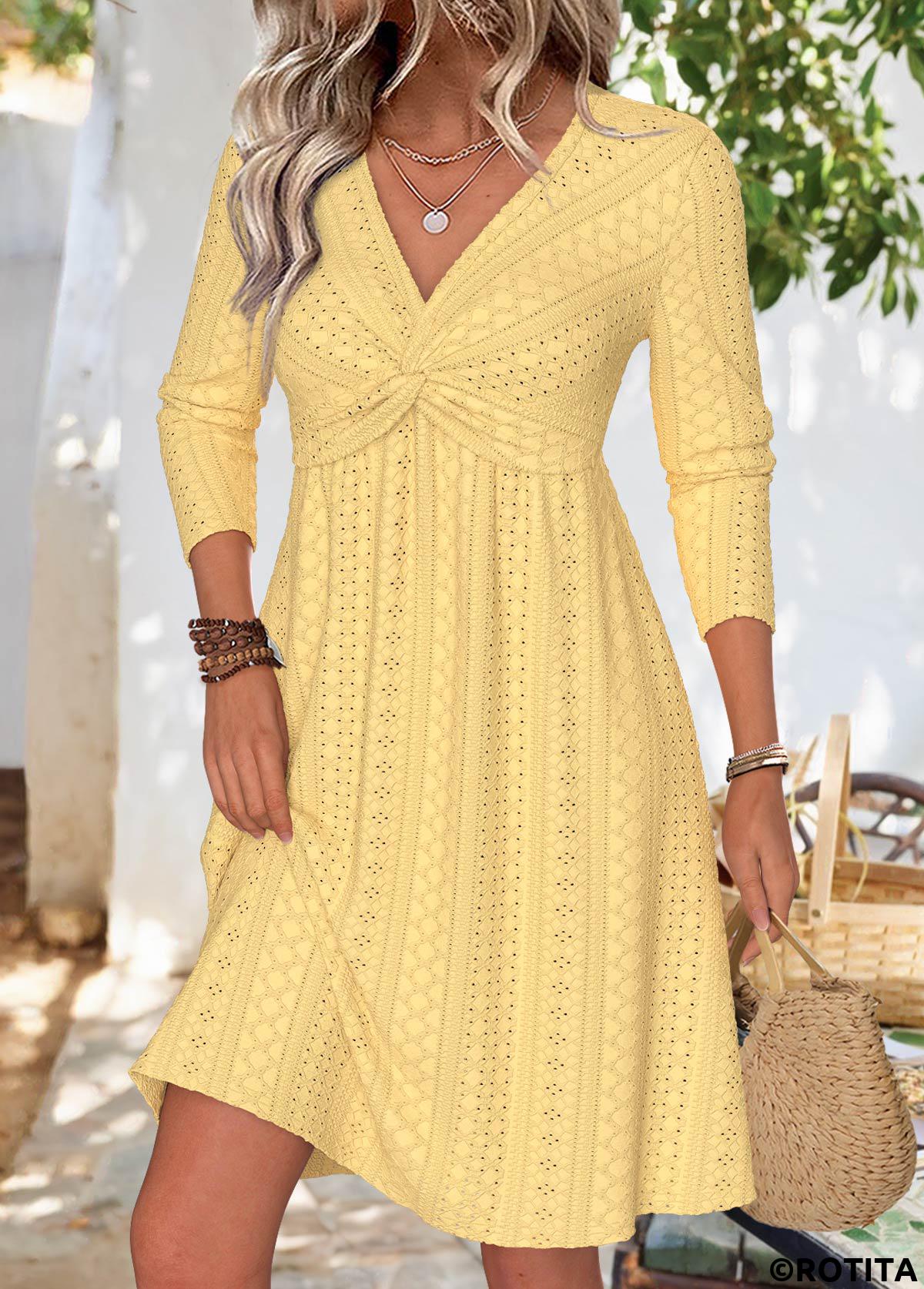 Light Yellow dresses,Plain Color dresses,Everyday dresses,Casual dresses,ROTITA Light Yellow V Neck Long Sleeve Dress