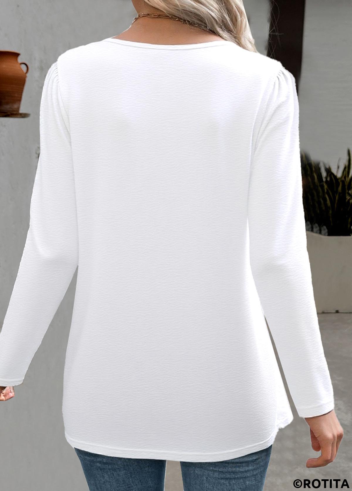 White tops,Plain Color tops,ROTITA White Round Neck Long Sleeve T Shirt
