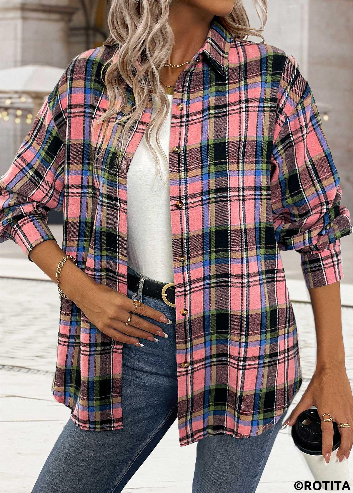 Pink tops,Plaid tops,Geometric tops,ROTITA Tummy Coverage Button Plaid Pink Long Sleeve Shirt