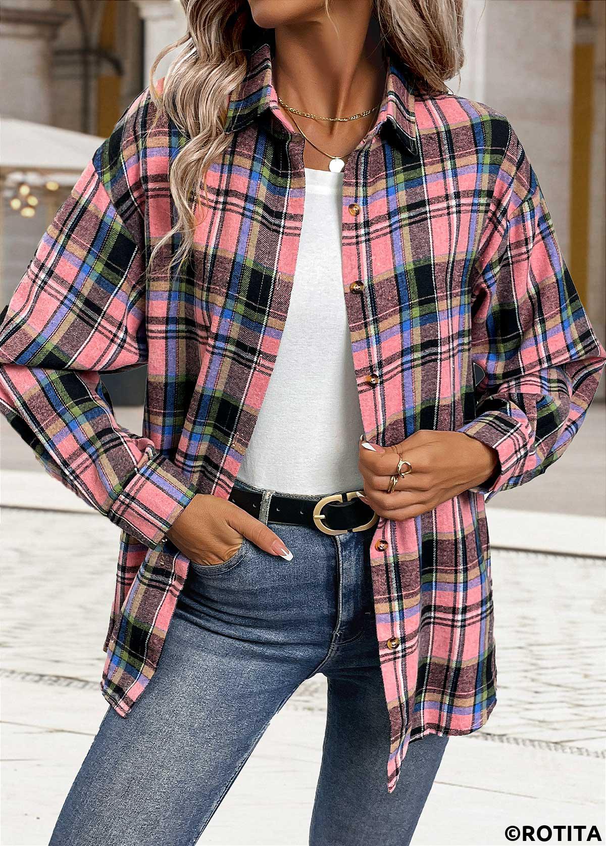 Pink tops,Plaid tops,Geometric tops,ROTITA Tummy Coverage Button Plaid Pink Long Sleeve Shirt